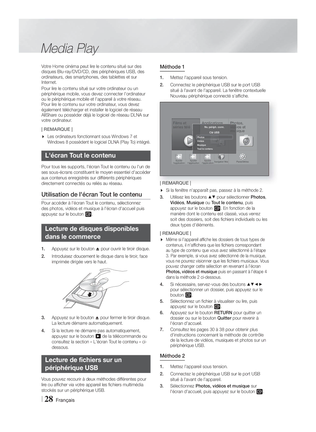 Samsung HT-FS9200/ZF manual Media Play, Lécran Tout le contenu, Utilisation de lécran Tout le contenu 