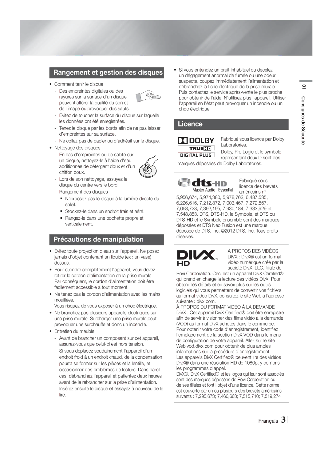 Samsung HT-FS9200/ZF manual Rangement et gestion des disques, Précautions de manipulation, Licence 