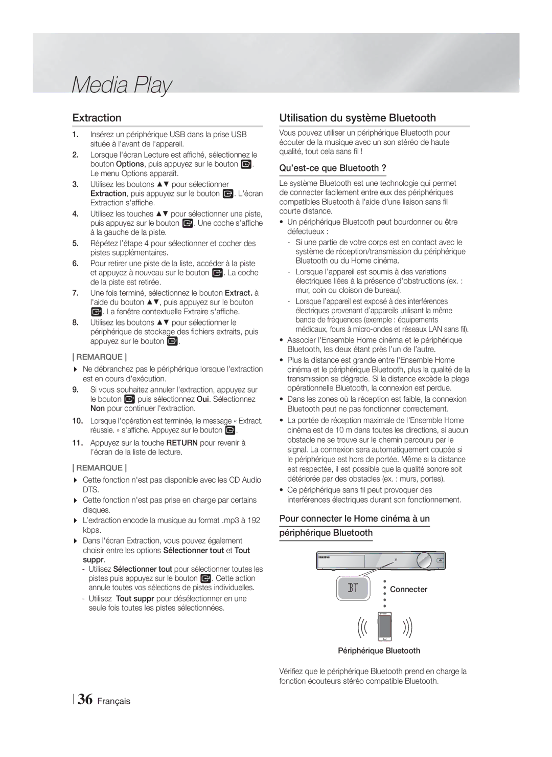 Samsung HT-FS9200/ZF manual Extraction, Utilisation du système Bluetooth, Qu’est-ce que Bluetooth ? 