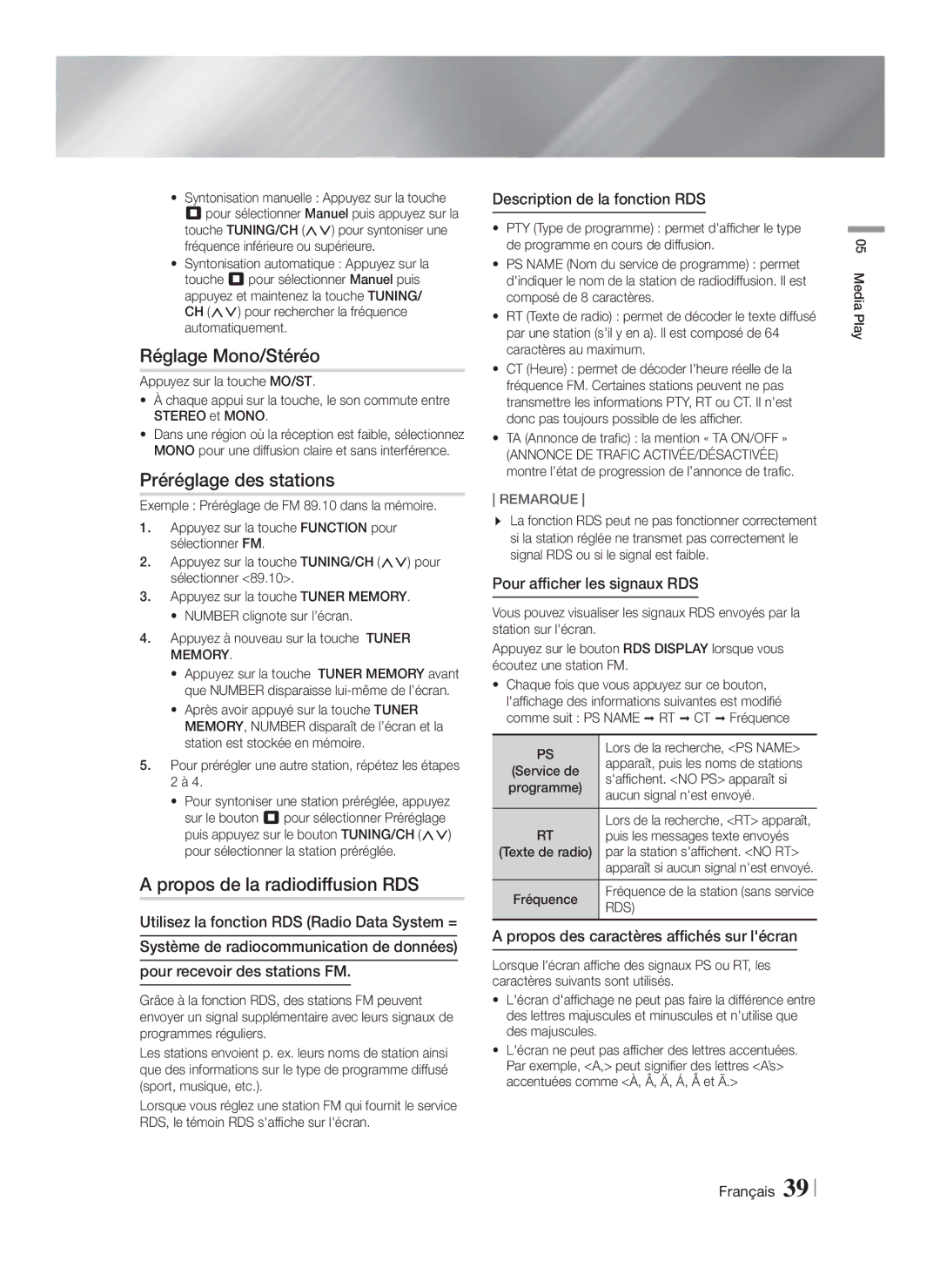 Samsung HT-FS9200/ZF manual Réglage Mono/Stéréo, Préréglage des stations, Propos de la radiodiffusion RDS 