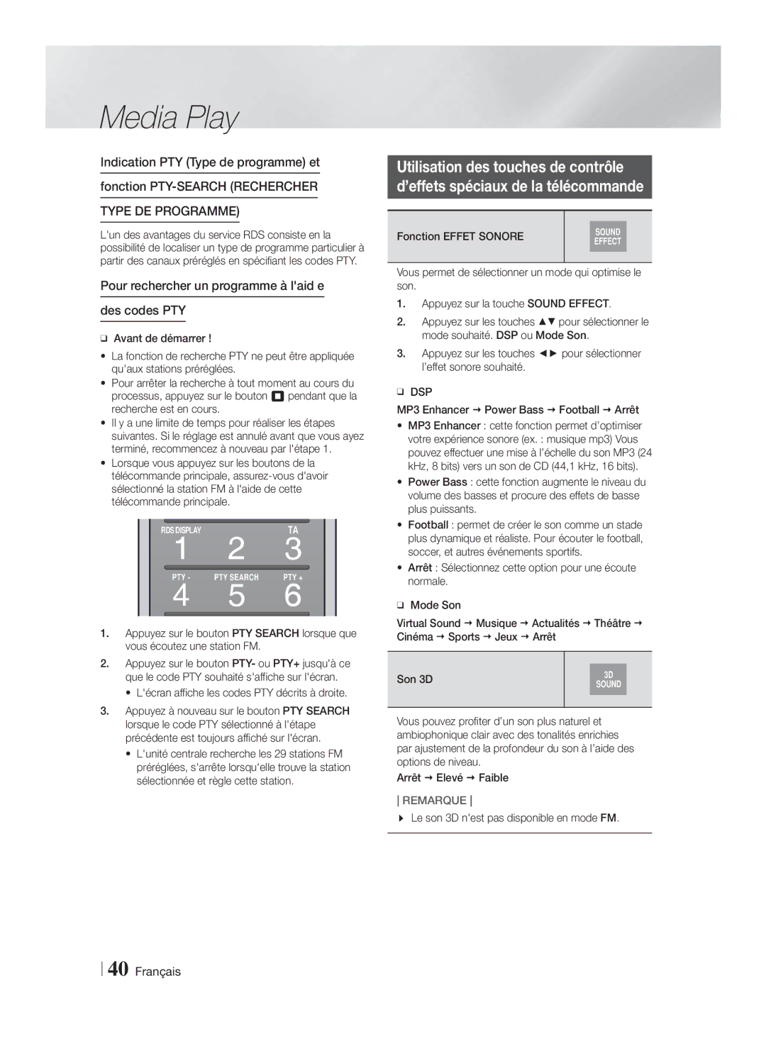 Samsung HT-FS9200/ZF manual Pour rechercher un programme à laid e Des codes PTY, Fonction Effet Sonore, Dsp, Son 3D 