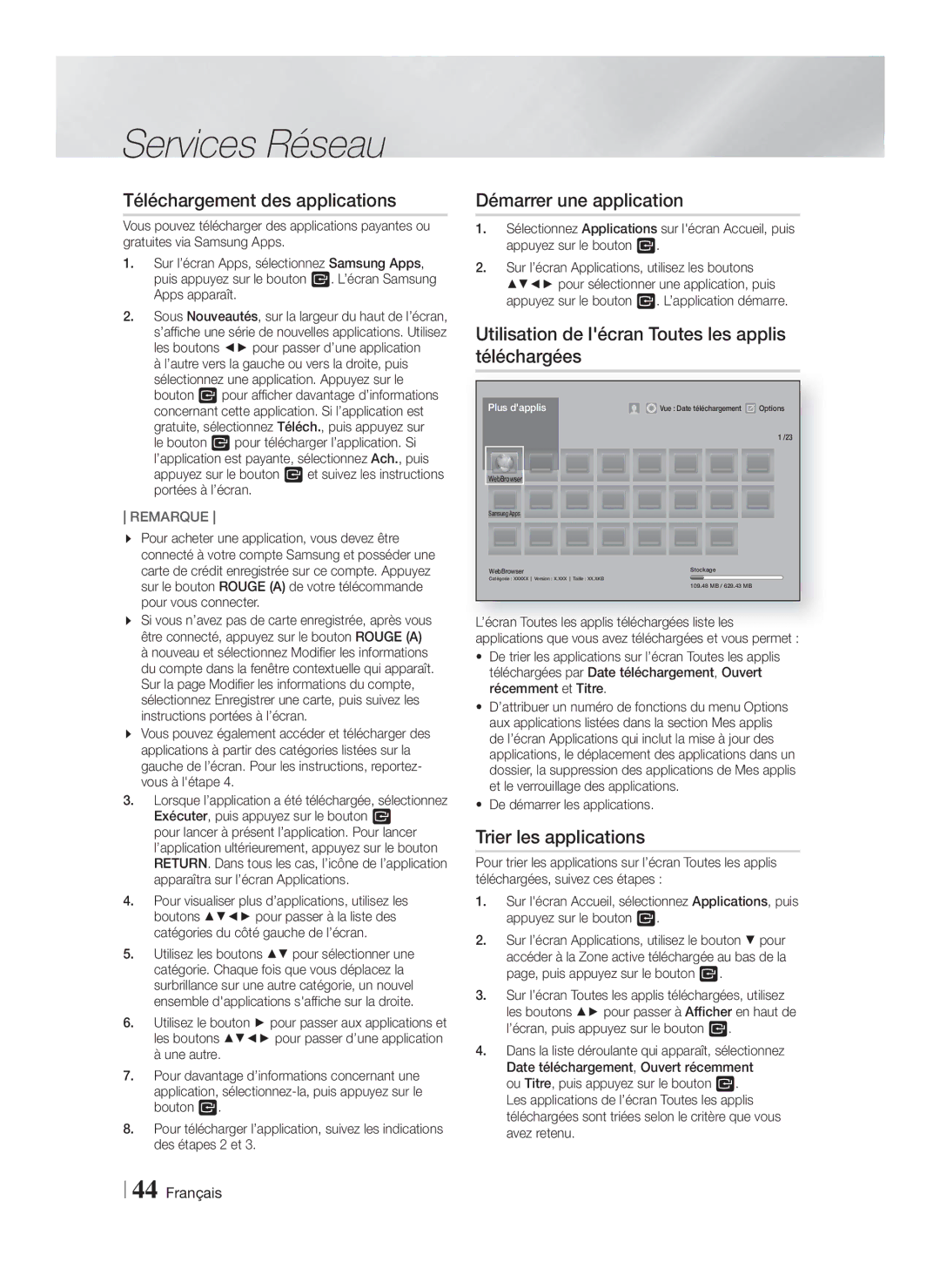 Samsung HT-FS9200/ZF manual Téléchargement des applications, Démarrer une application, Trier les applications 