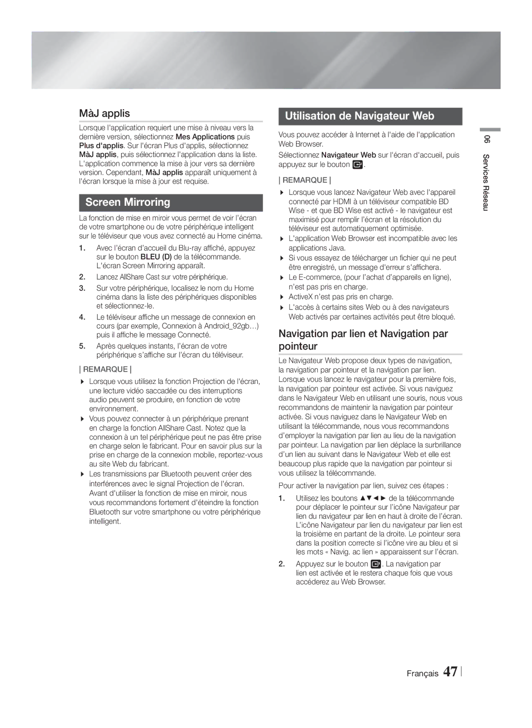 Samsung HT-FS9200/ZF manual MàJ applis, Screen Mirroring, Utilisation de Navigateur Web 