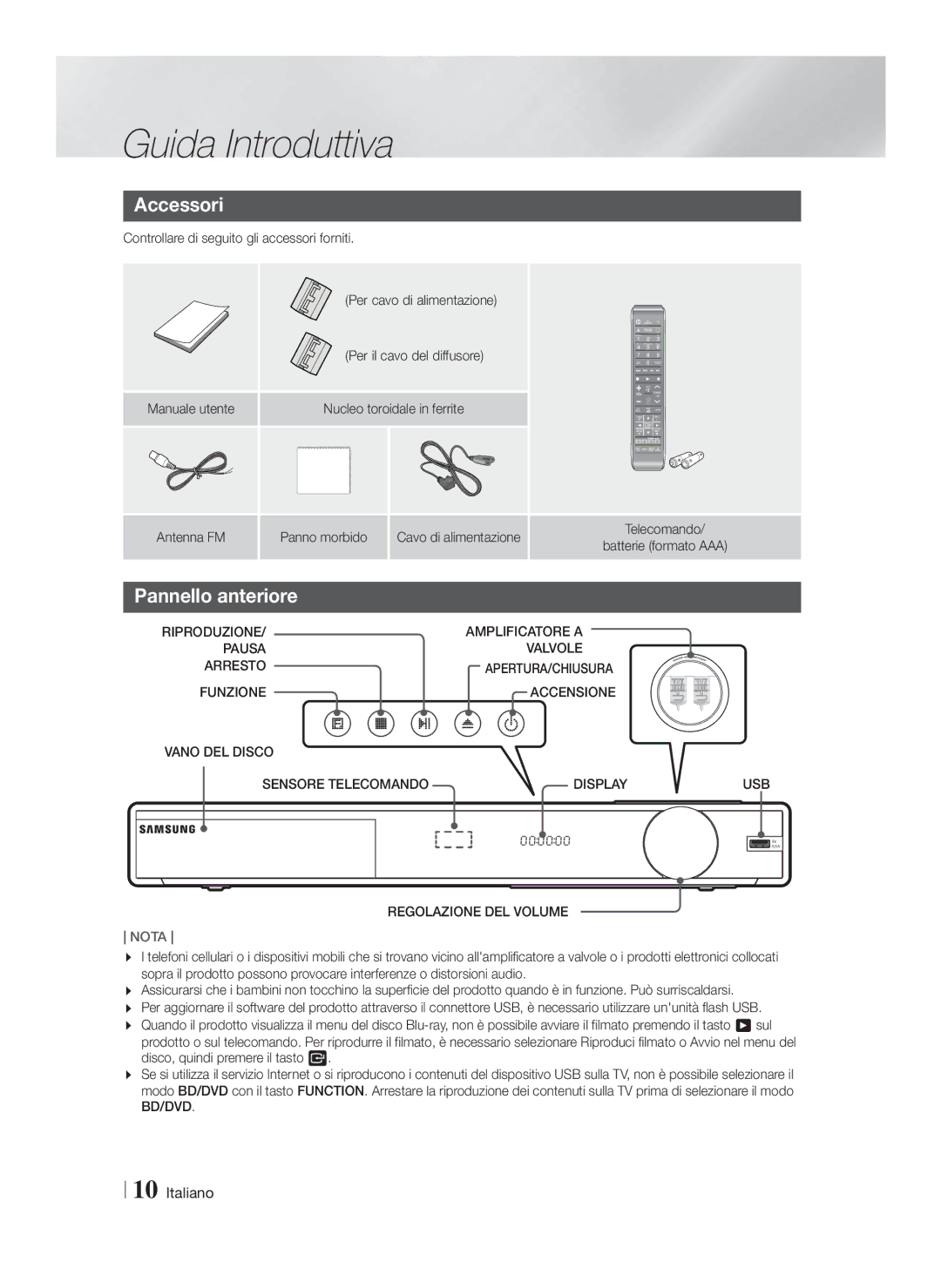 Samsung HT-FS9200/ZF manual Accessori, Pannello anteriore, Riproduzione, Pausa Valvole Arresto APERTURA/CHIUSURA 