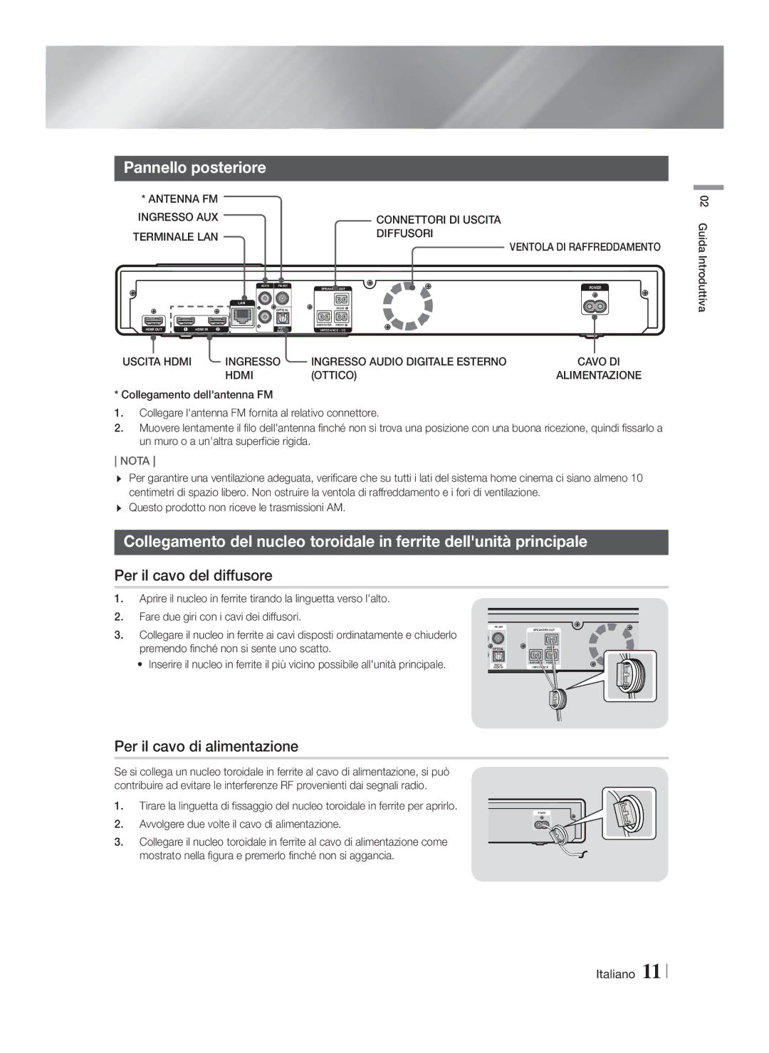 Samsung HT-FS9200/ZF manual Pannello posteriore, Per il cavo del diffusore, Per il cavo di alimentazione 