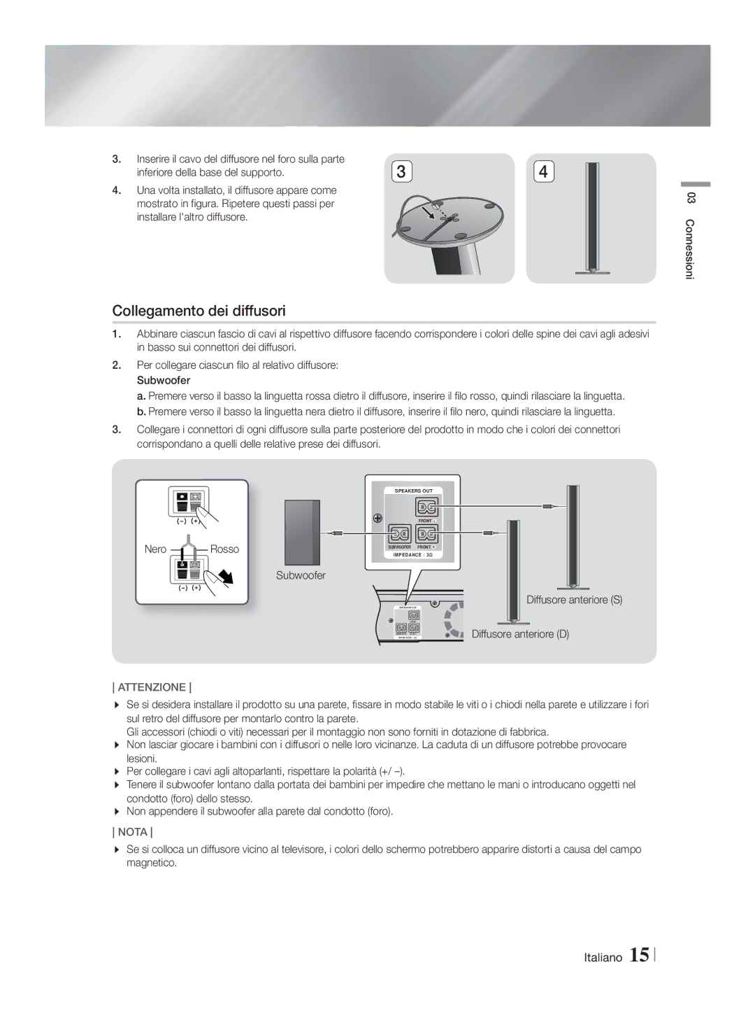 Samsung HT-FS9200/ZF manual Collegamento dei diffusori, Nero Rosso, Diffusore anteriore S 