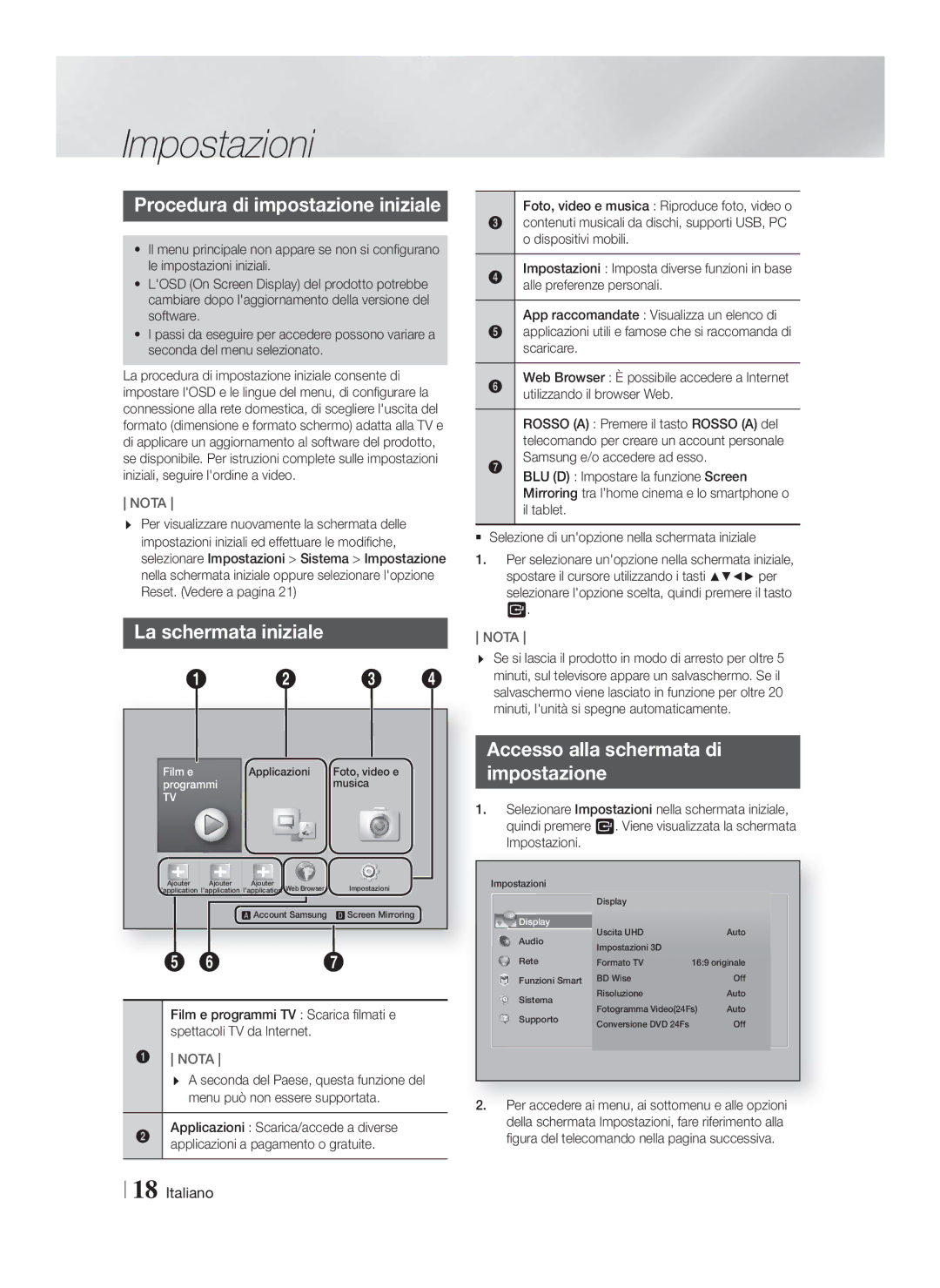 Samsung HT-FS9200/ZF manual Impostazioni, Procedura di impostazione iniziale, La schermata iniziale 