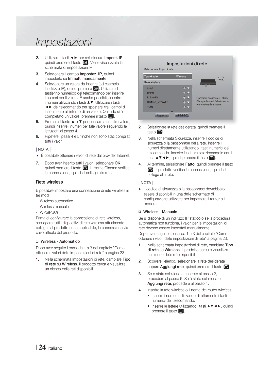 Samsung HT-FS9200/ZF manual Rete wireless, Schermata di impostazioni IP, Selezionare il campo Impostaz. IP, quindi 