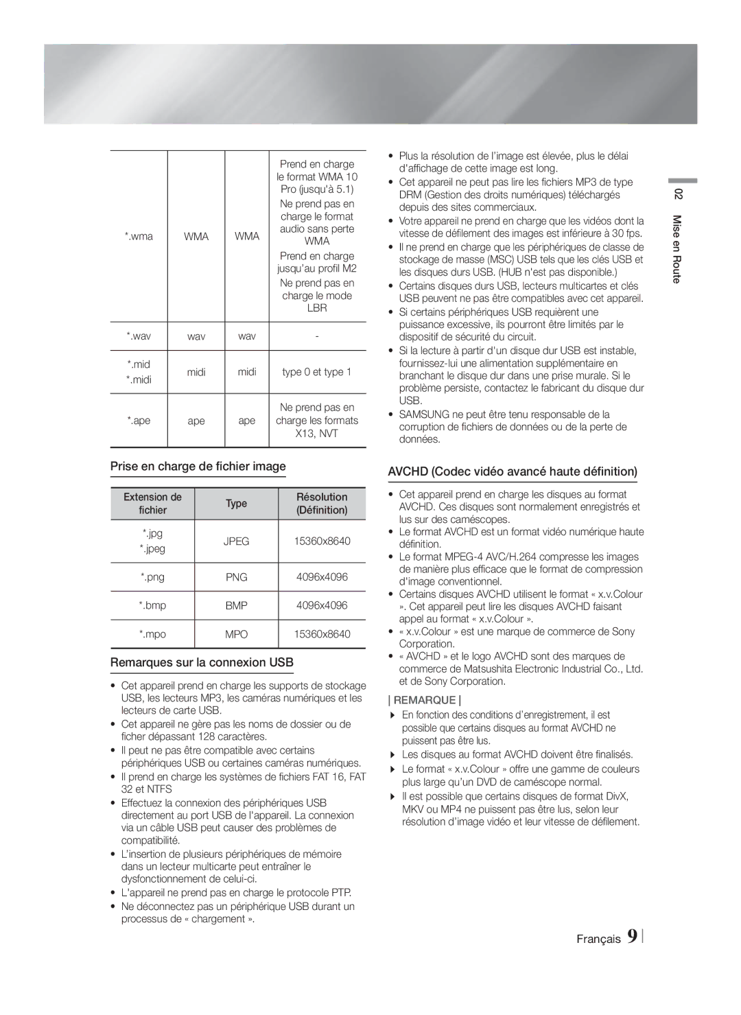 Samsung HT-FS9200/ZF manual Prise en charge de fichier image, Remarques sur la connexion USB, Bmp, Mpo 