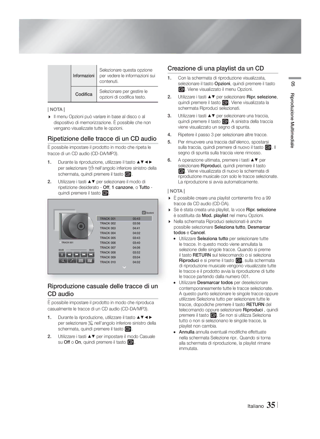 Samsung HT-FS9200/ZF Ripetizione delle tracce di un CD audio, Riproduzione casuale delle tracce di un CD audio, Contenuti 