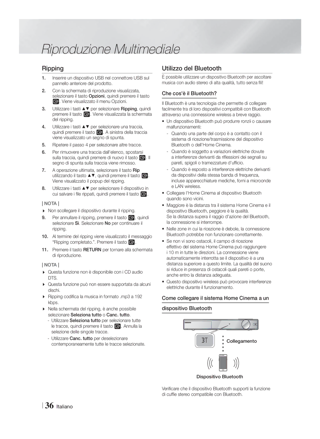 Samsung HT-FS9200/ZF manual Ripping, Utilizzo del Bluetooth, Che cosè il Bluetooth? 