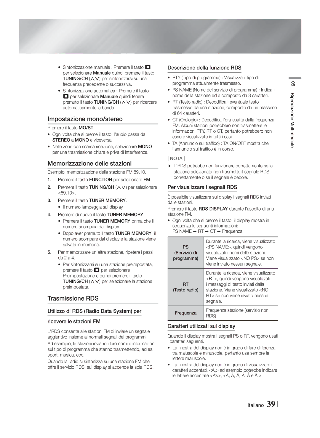 Samsung HT-FS9200/ZF manual Impostazione mono/stereo, Memorizzazione delle stazioni, Trasmissione RDS 