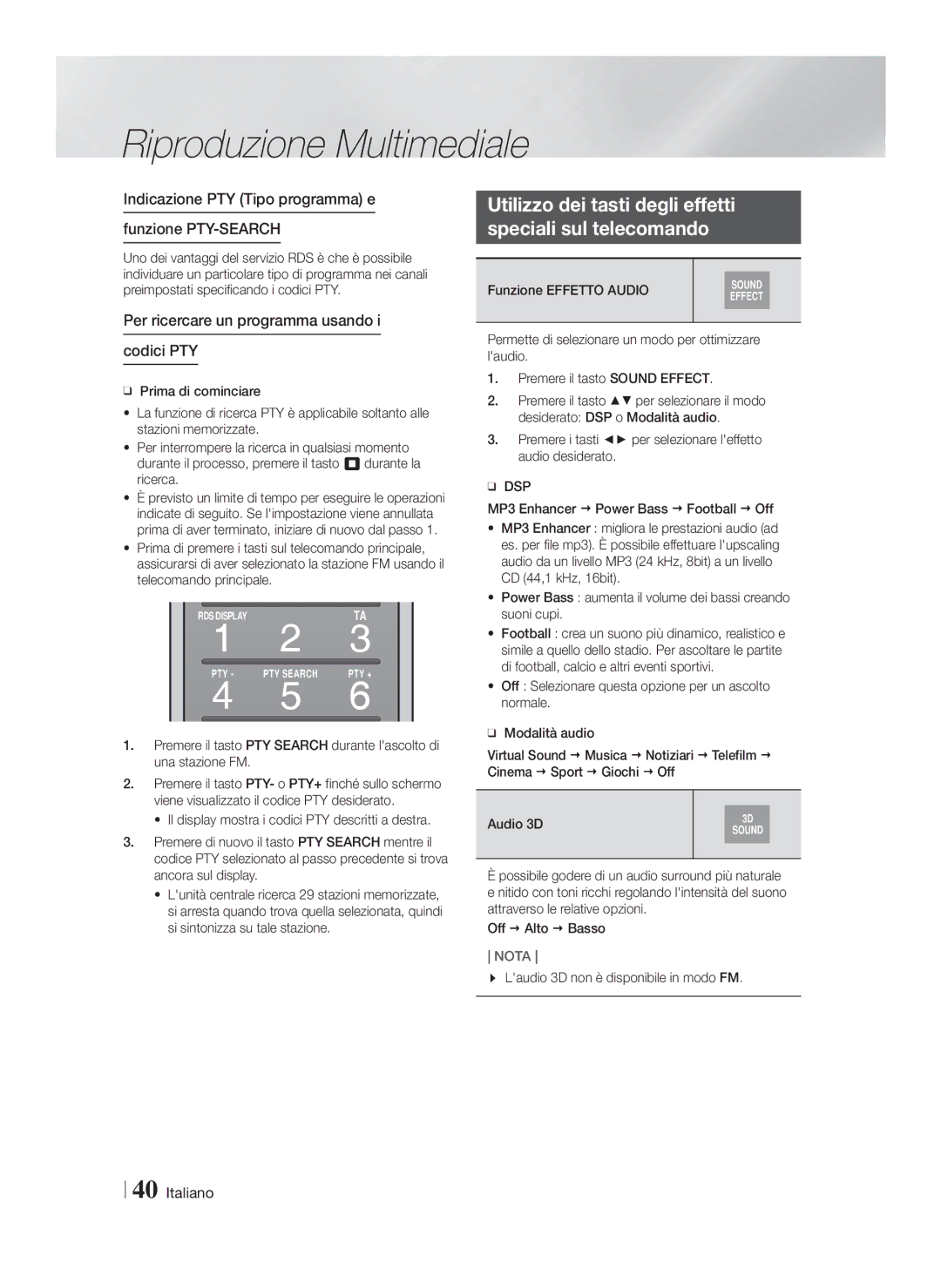 Samsung HT-FS9200/ZF manual Utilizzo dei tasti degli effetti Speciali sul telecomando, Funzione Effetto Audio, Audio 3D 