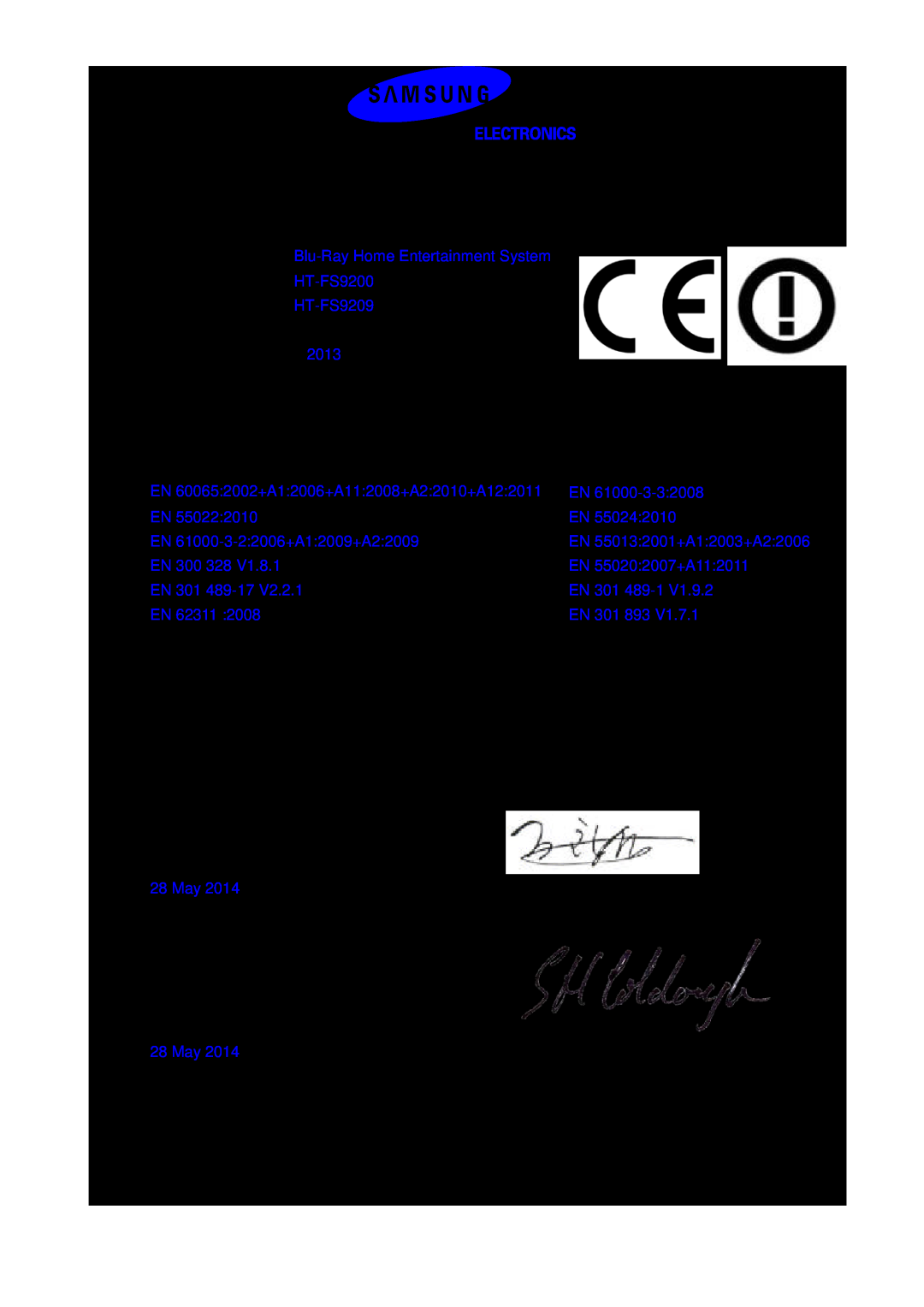 Samsung HT-FS9200/XN, HT-FS9209/ZG, HT-FS9200/ZF, HT-FS9200/EN, HT-FS9200/XE manual Declaration of Conformity 