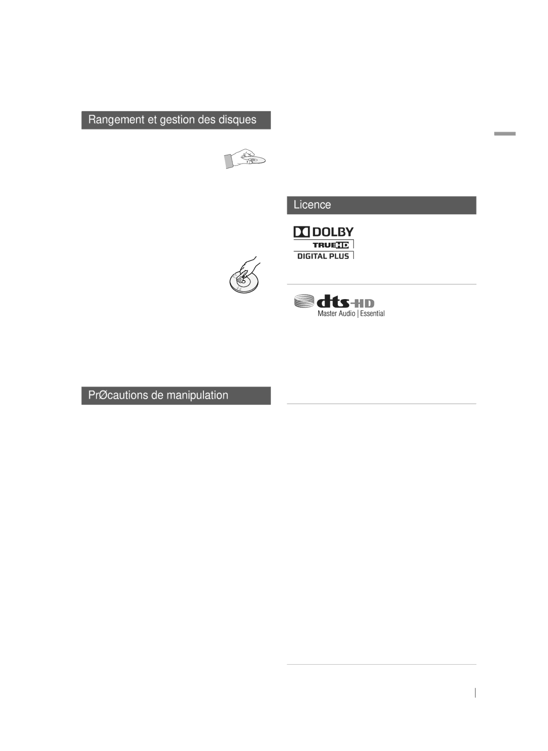 Samsung HT-FS9209/ZG manual Rangement et gestion des disques, Précautions de manipulation 