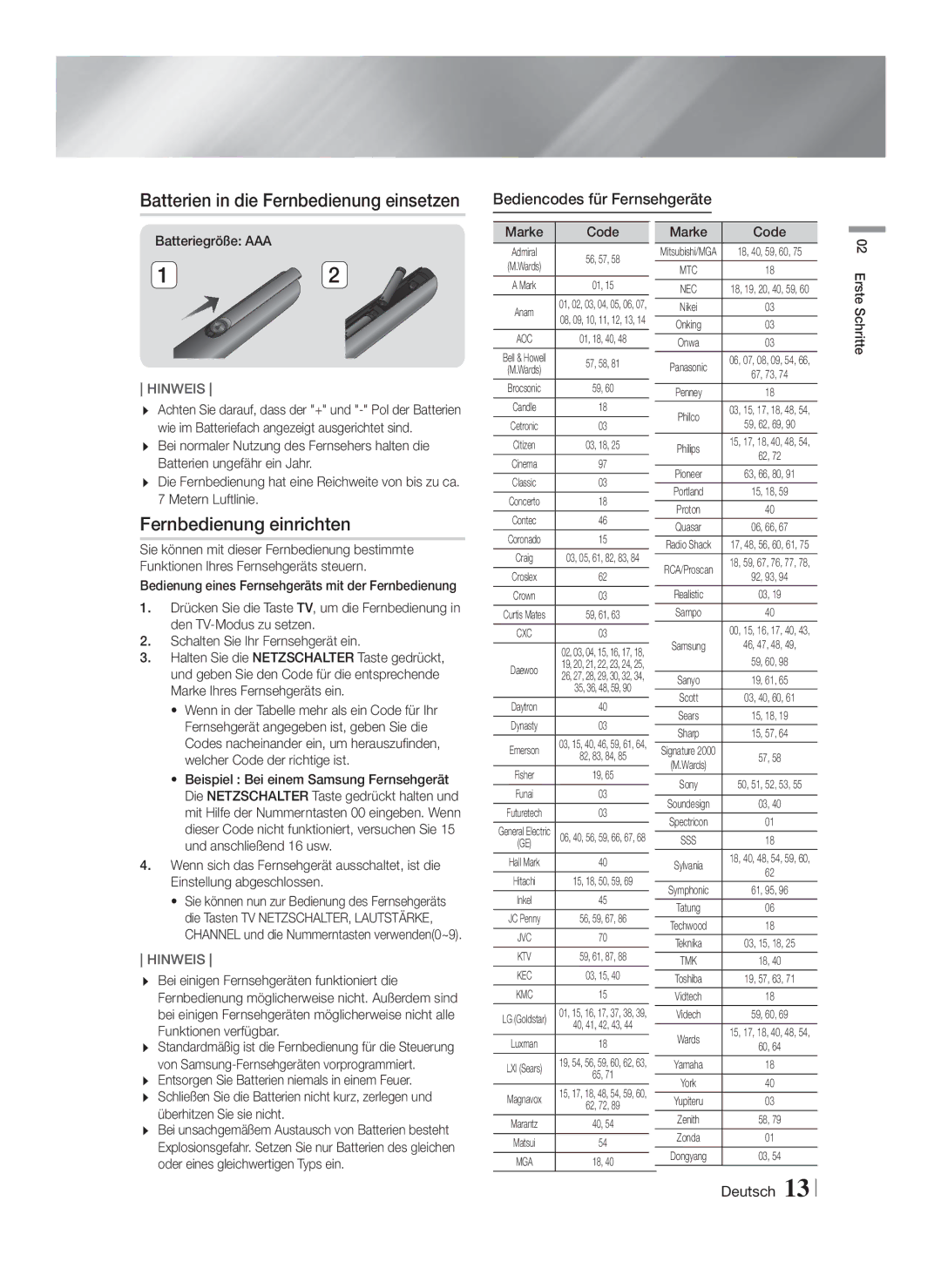 Samsung HT-FS9209/ZG Batterien in die Fernbedienung einsetzen, Fernbedienung einrichten, Bediencodes für Fernsehgeräte 