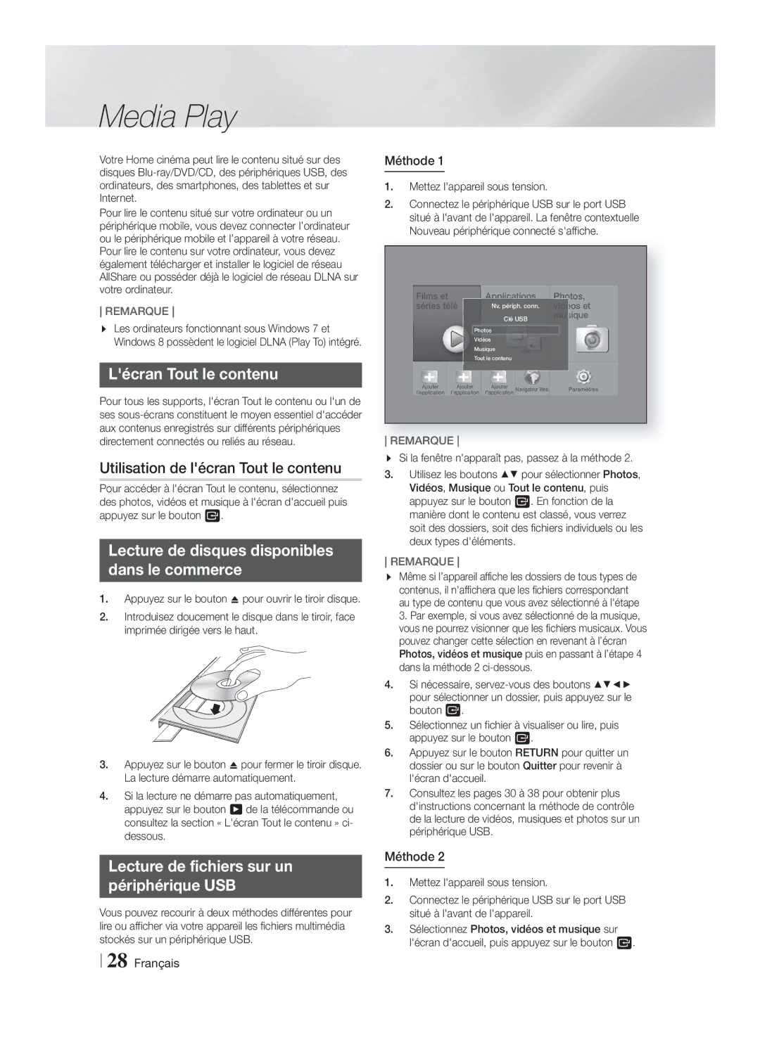 Samsung HT-FS9209/ZG manual Lécran Tout le contenu, Utilisation de lécran Tout le contenu, Méthode 