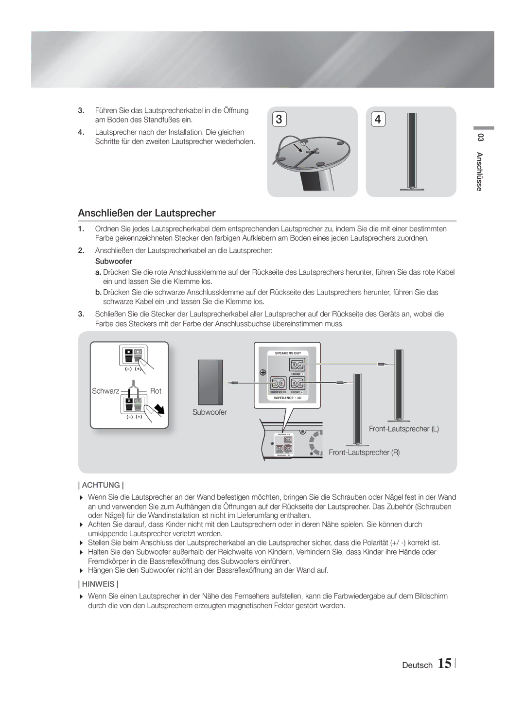 Samsung HT-FS9209/ZG manual Anschließen der Lautsprecher, Front-Lautsprecher L 