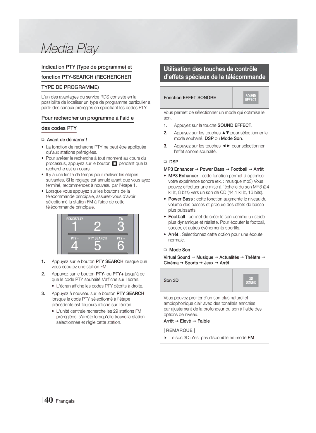 Samsung HT-FS9209/ZG Pour rechercher un programme à laid e Des codes PTY, Lécran affiche les codes PTY décrits à droite 