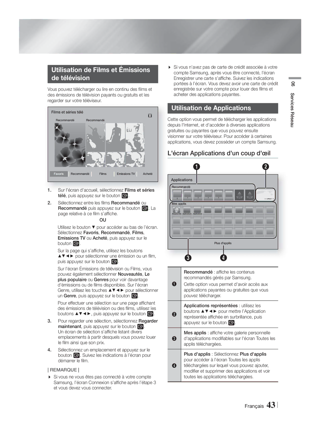 Samsung HT-FS9209/ZG manual Utilisation de Films et Émissions De télévision, Utilisation de Applications, Services Réseau 