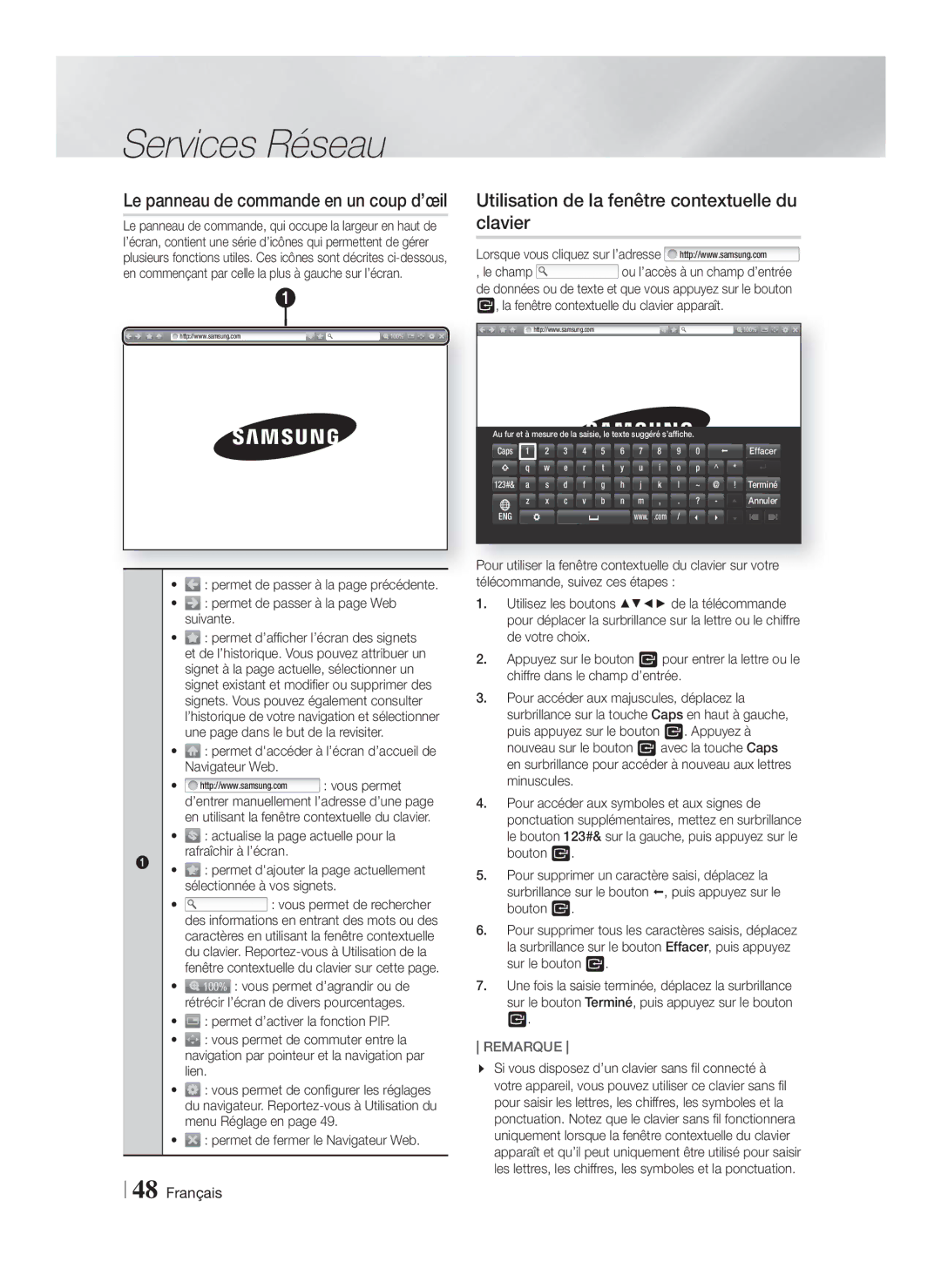 Samsung HT-FS9209/ZG manual Utilisation de la fenêtre contextuelle du clavier, Le panneau de commande en un coup d’œil 