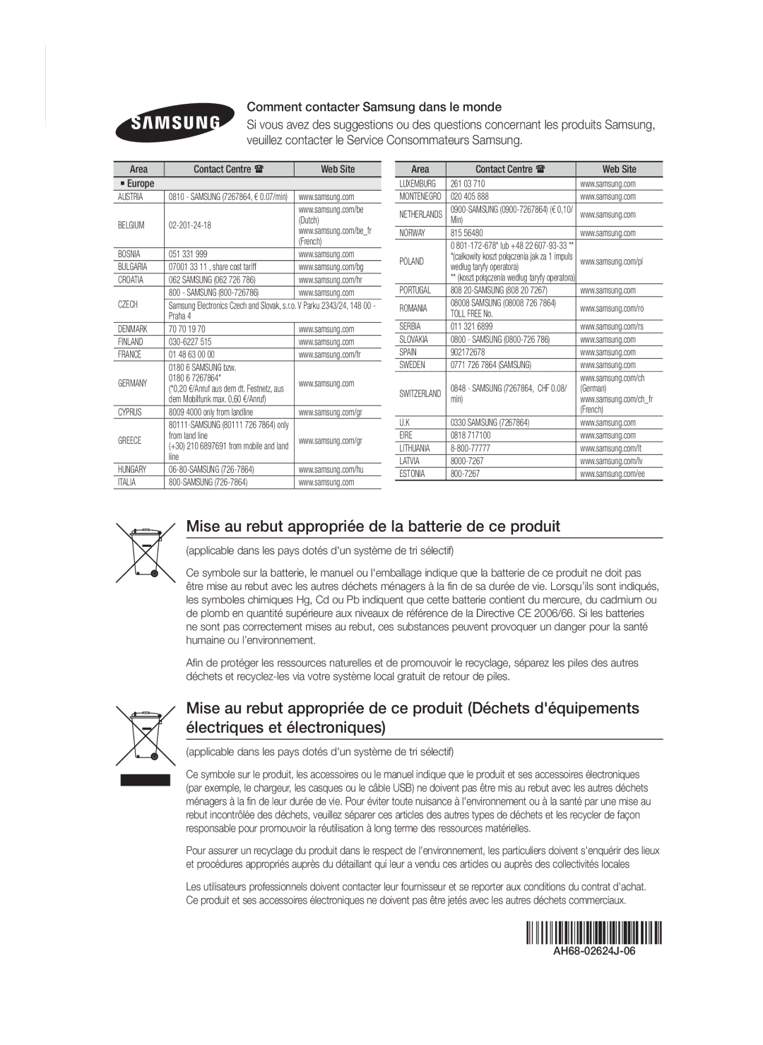 Samsung HT-FS9209/ZG manual Mise au rebut appropriée de la batterie de ce produit, Comment contacter Samsung dans le monde 