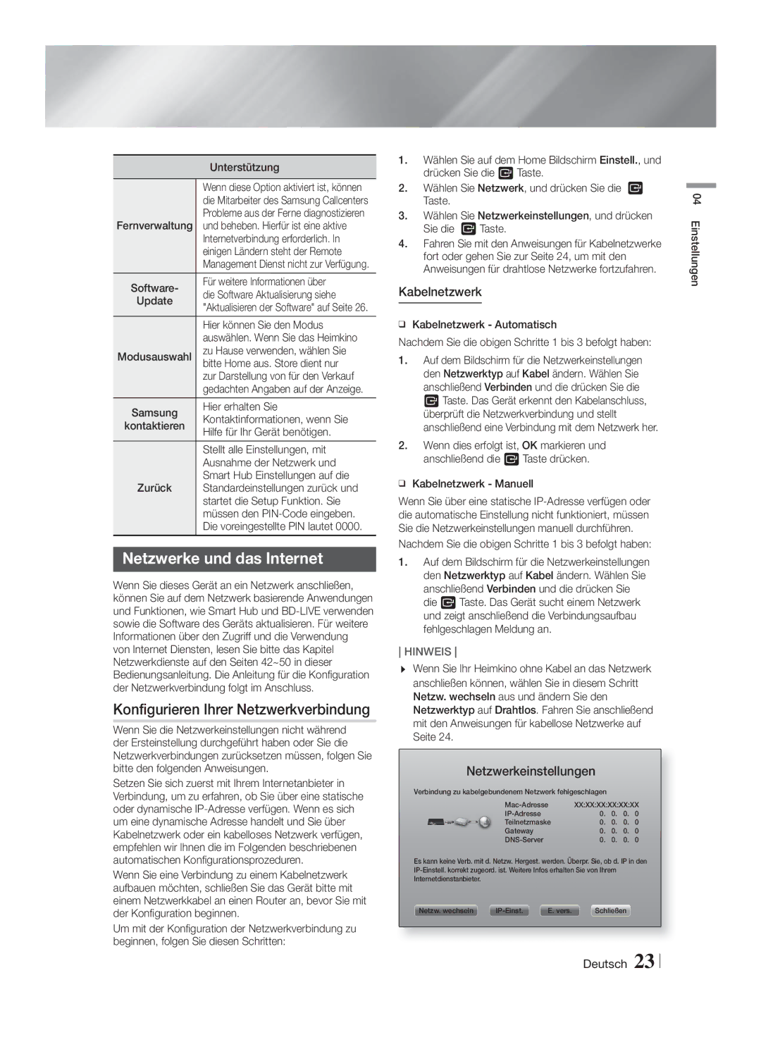 Samsung HT-FS9209/ZG manual Netzwerke und das Internet, Konfigurieren Ihrer Netzwerkverbindung, Kabelnetzwerk 