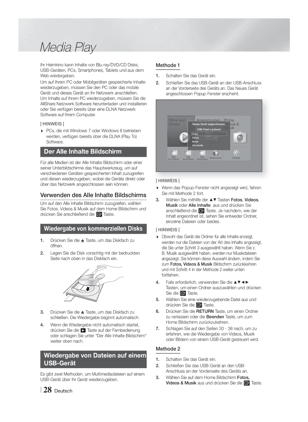 Samsung HT-FS9209/ZG manual Media Play, Der Alle Inhalte Bildschirm, Verwenden des Alle Inhalte Bildschirms, Methode 