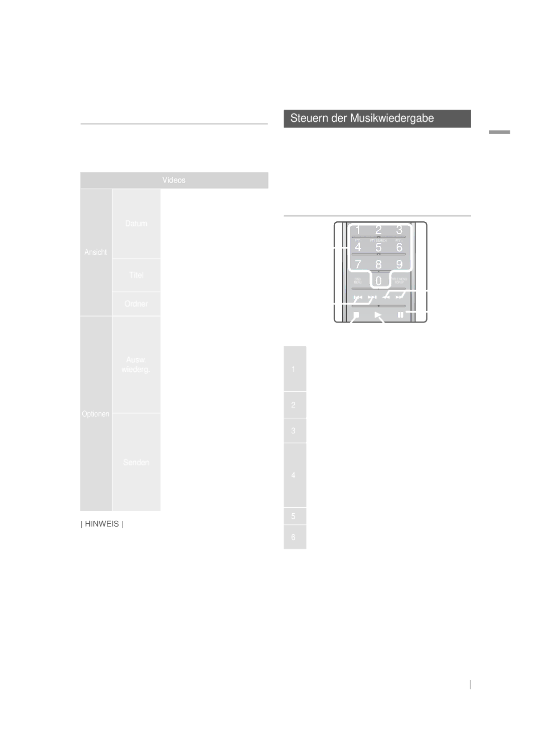 Samsung HT-FS9209/ZG manual Steuern der Musikwiedergabe, Tasten auf der Fernbedienung für die Wiedergabe 