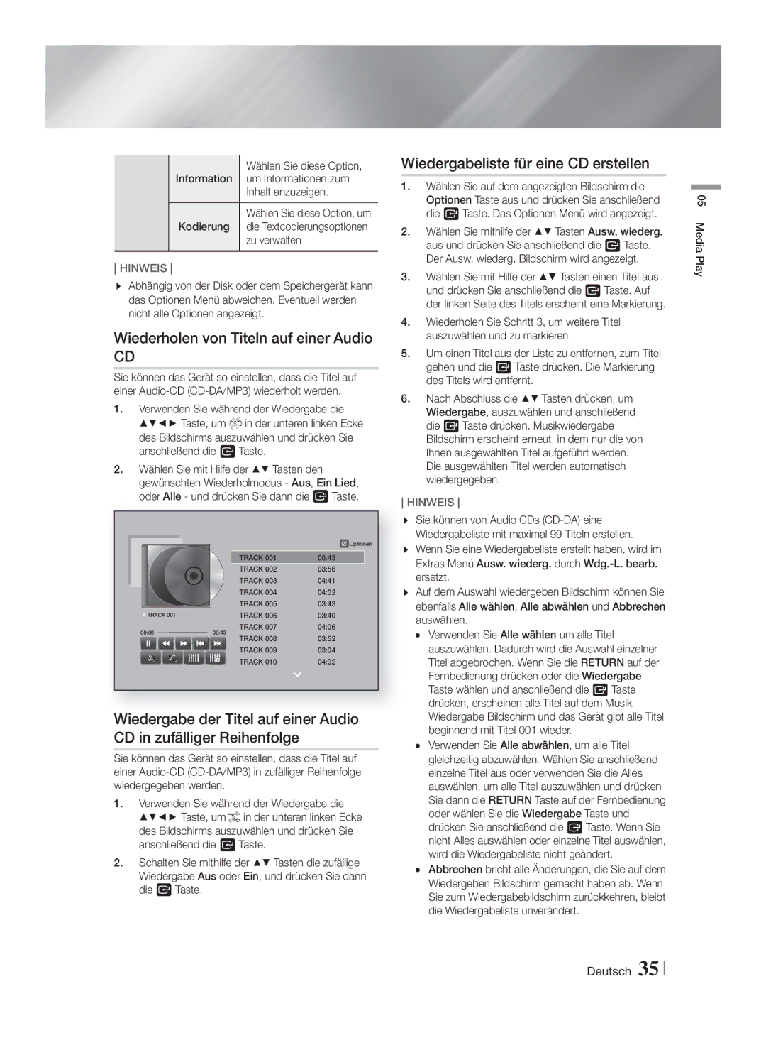 Samsung HT-FS9209/ZG manual Wiederholen von Titeln auf einer Audio, Wiedergabeliste für eine CD erstellen, Zu verwalten 