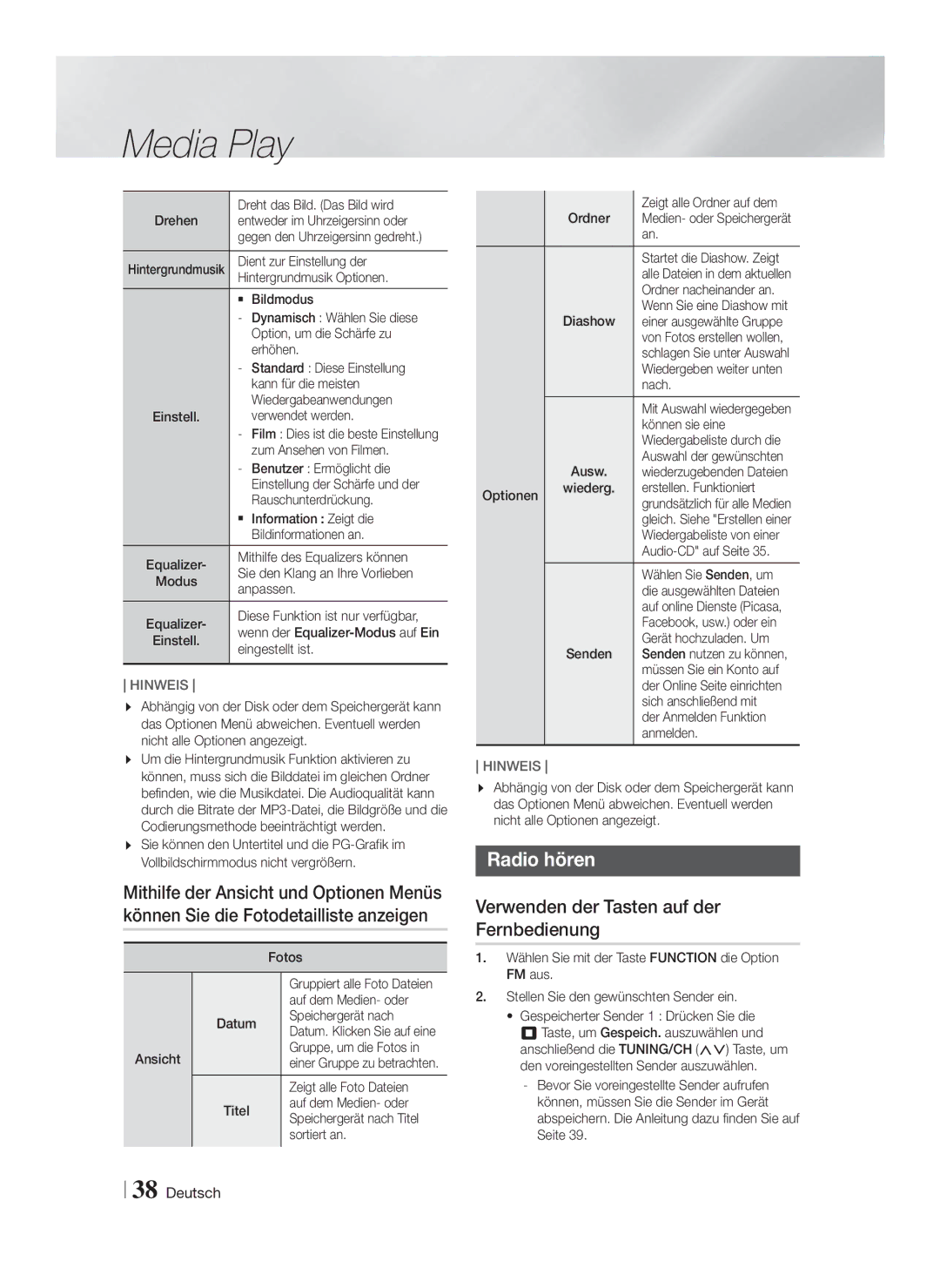 Samsung HT-FS9209/ZG manual Radio hören, Verwenden der Tasten auf der Fernbedienung 