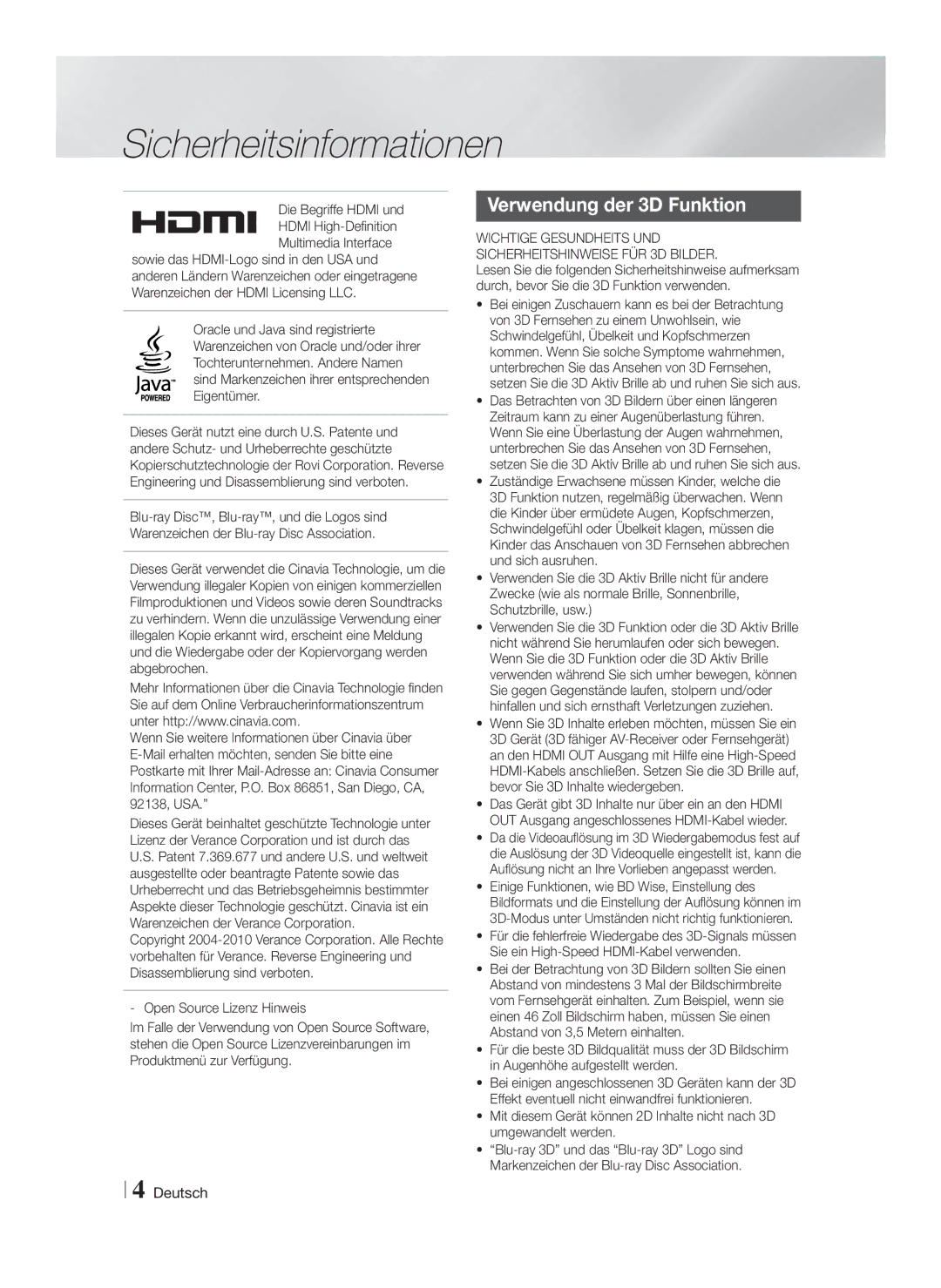 Samsung HT-FS9209/ZG manual Verwendung der 3D Funktion, Wichtige Gesundheits UND Sicherheitshinweise FÜR 3D Bilder 