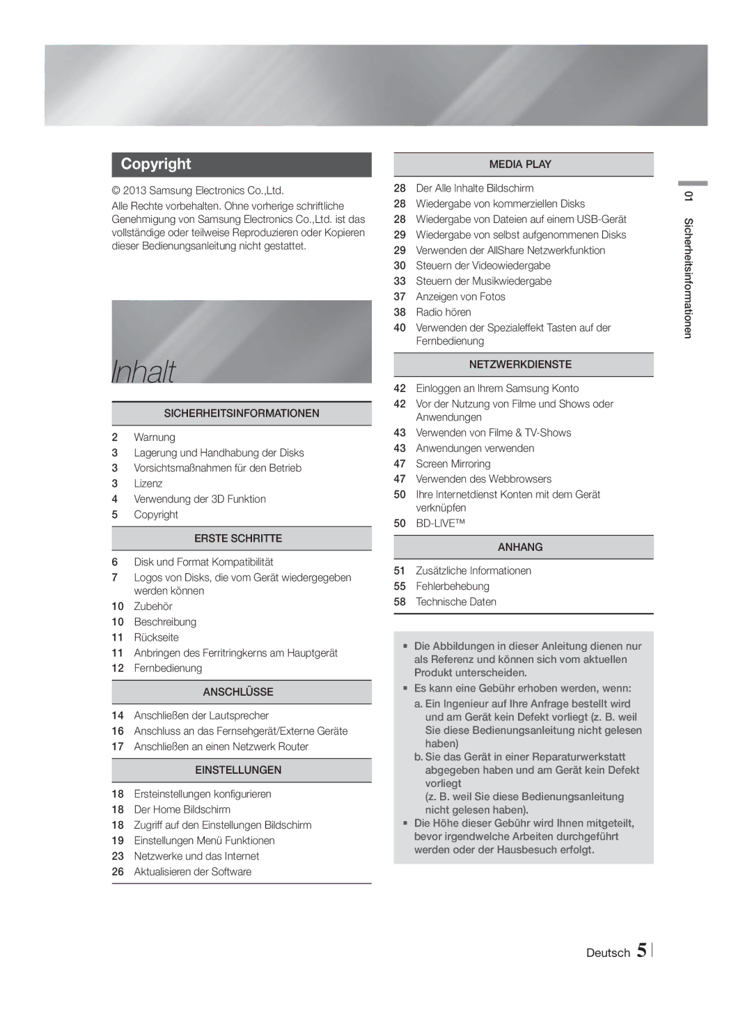 Samsung HT-FS9209/ZG manual Inhalt, Copyright 