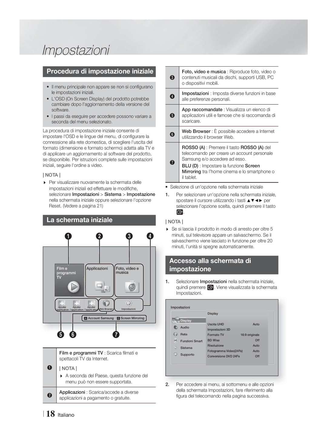 Samsung HT-FS9209/ZG manual Impostazioni, Procedura di impostazione iniziale, La schermata iniziale 