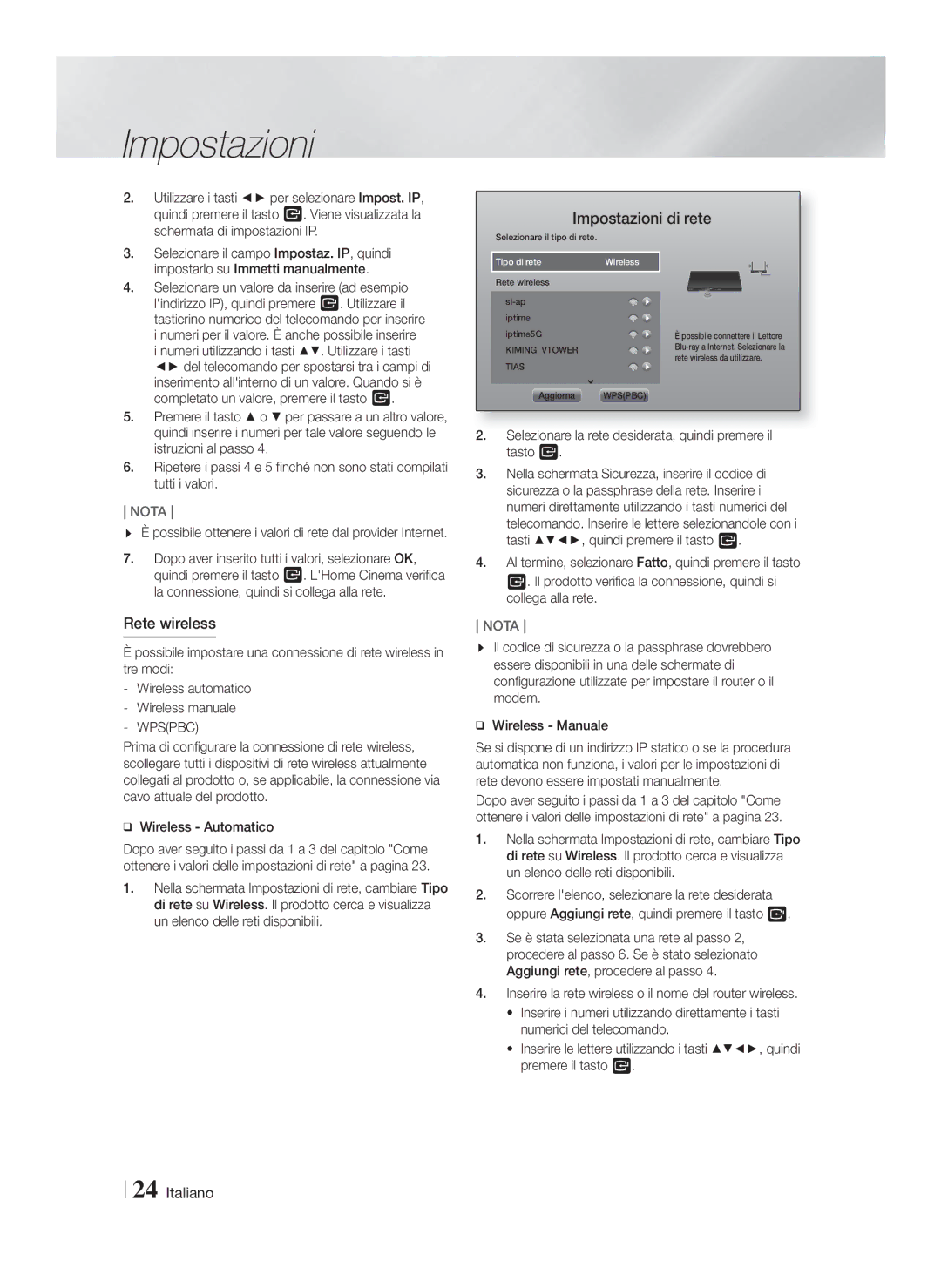 Samsung HT-FS9209/ZG manual Rete wireless, Schermata di impostazioni IP, Selezionare il campo Impostaz. IP, quindi 