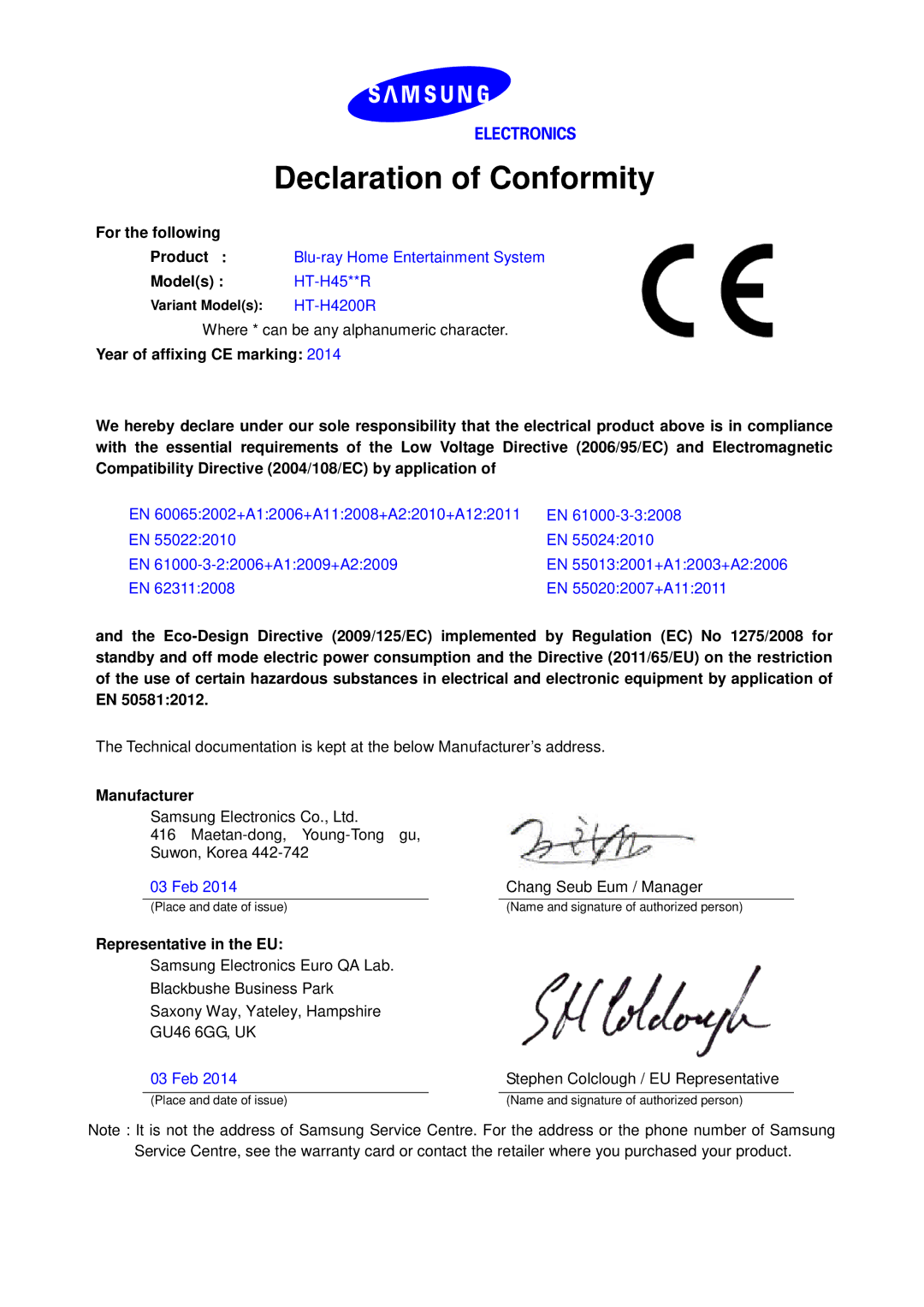 Samsung HT-H4550R/EN, HT-H4200R/EN manual Declaration of Conformity, For the following, Models HT-H45**R, Manufacturer 