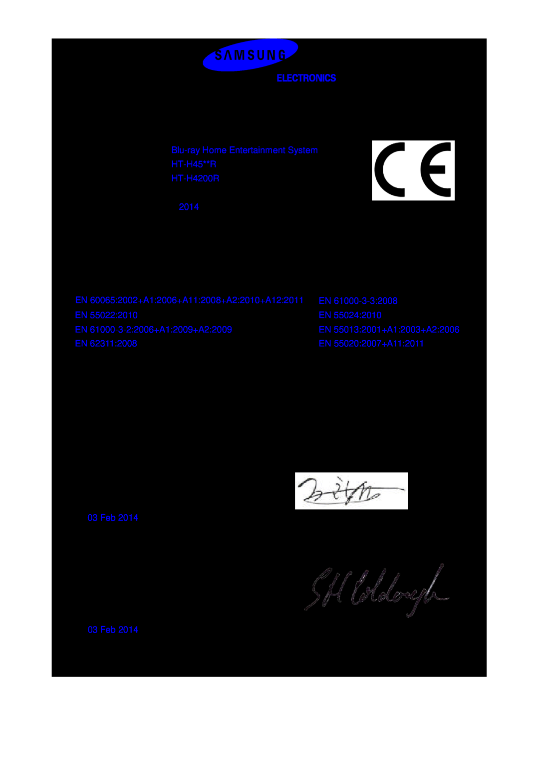Samsung HT-H4550R/EN, HT-H4200R/EN, HT-H4550R/TK, HT-H4500R/EN, HT-H4500R/ZF, HT-H4200R/ZF manual Declaration of Conformity 