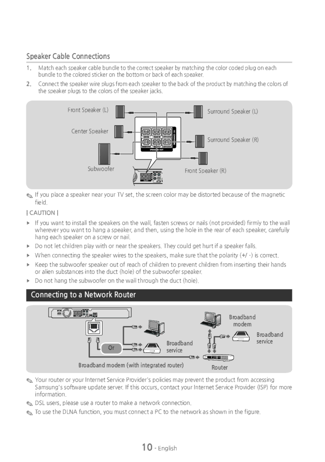 Samsung HT-H4500 user manual Speaker Cable Connections, Connecting to a Network Router, Broadband Or service Modem 