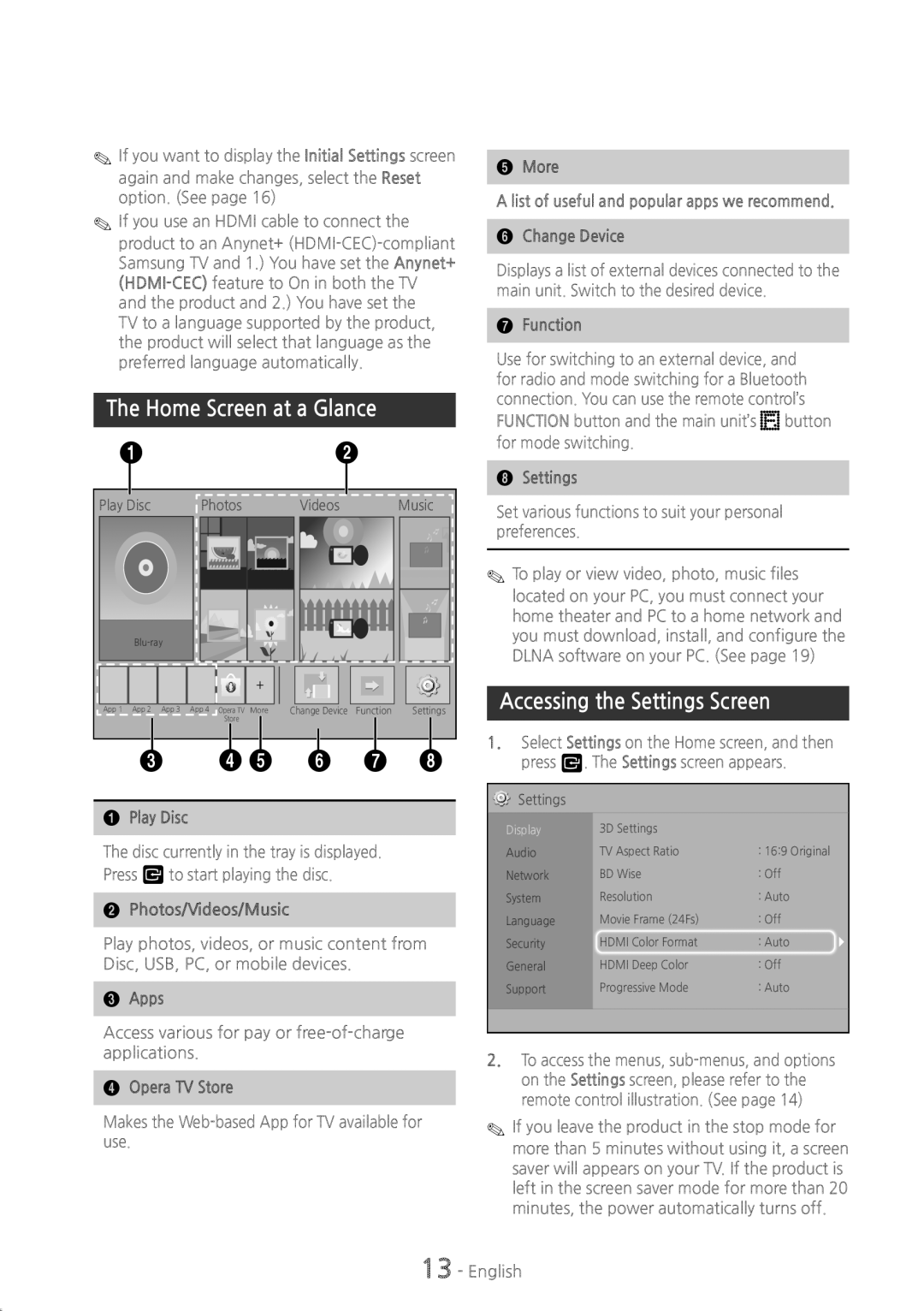 Samsung HT-H4500 user manual Home Screen at a Glance, Accessing the Settings Screen 