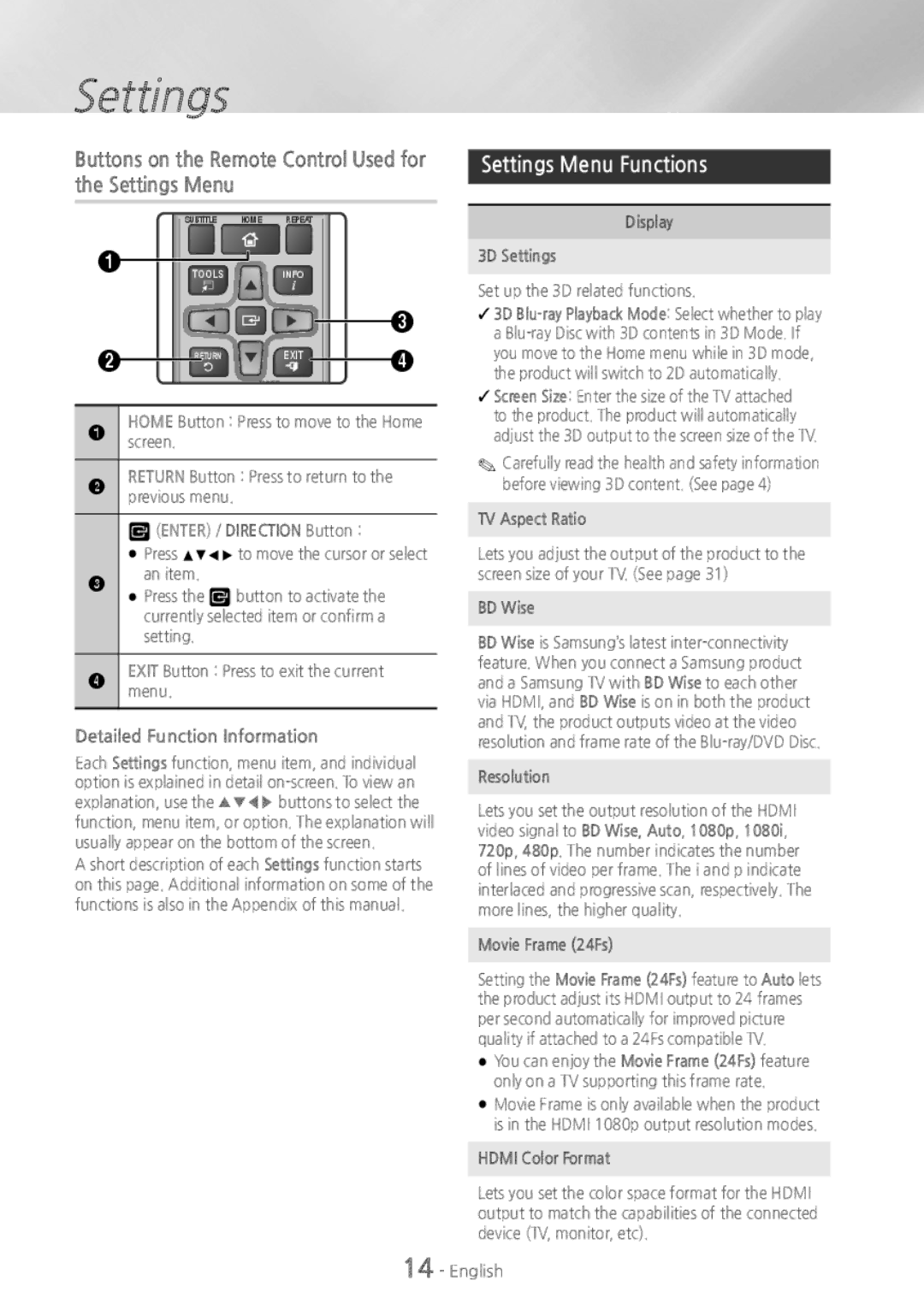 Samsung HT-H4500 user manual Buttons on the Remote Control Used for the Settings Menu, Settings Menu Functions 