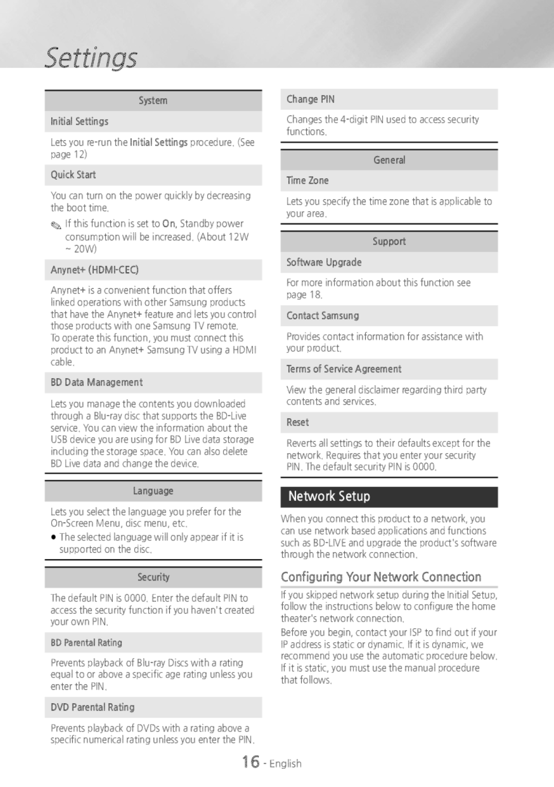 Samsung HT-H4500 user manual Network Setup, Configuring Your Network Connection 