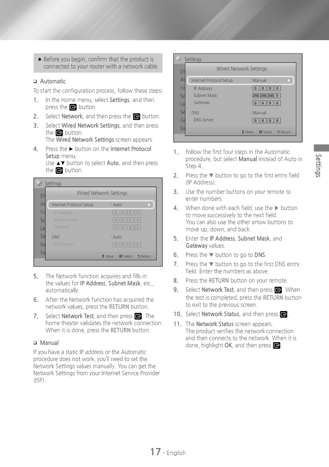 Samsung HT-H4500 user manual ĞĞ Automatic, ĞĞ Manual, Enter the IP Address, Subnet Mask, and Gateway values 