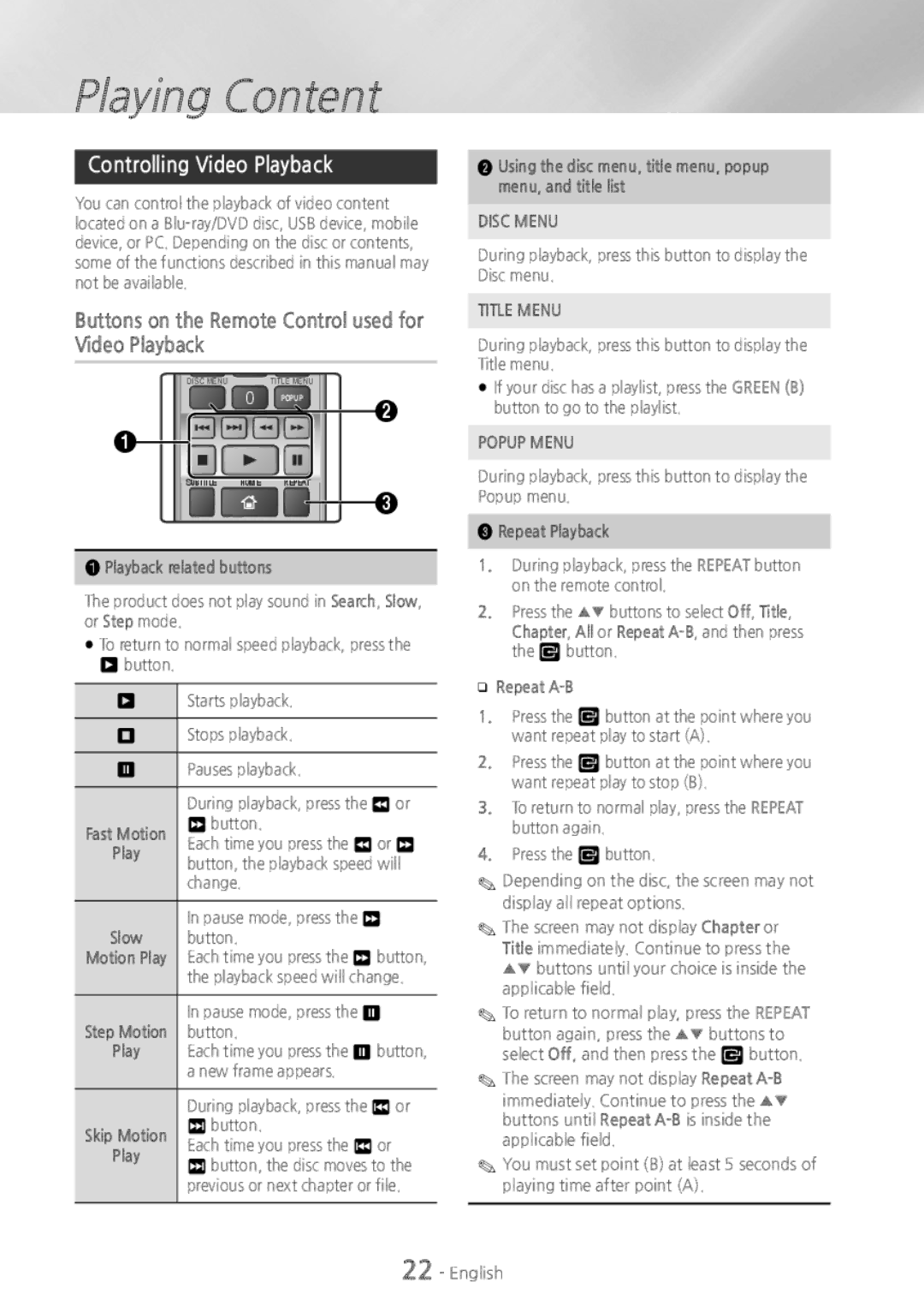 Samsung HT-H4500 Controlling Video Playback, Buttons on the Remote Control used for Video Playback, Repeat Playback 