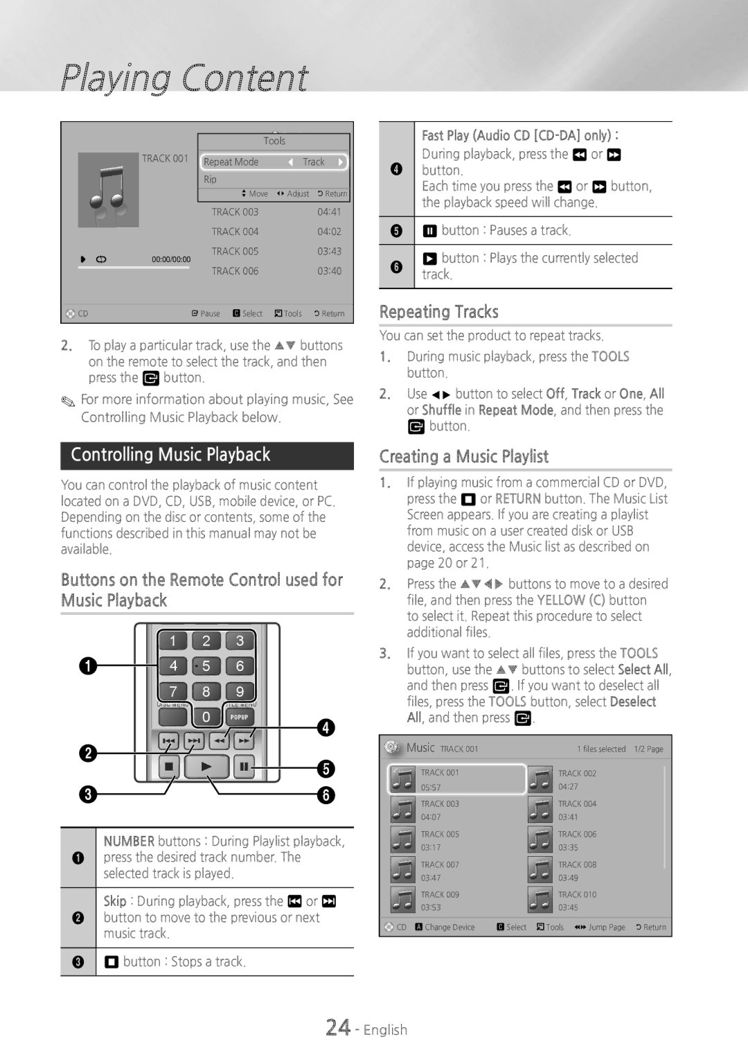 Samsung HT-H4500 Controlling Music Playback, Buttons on the Remote Control used for Music Playback, Repeating Tracks 