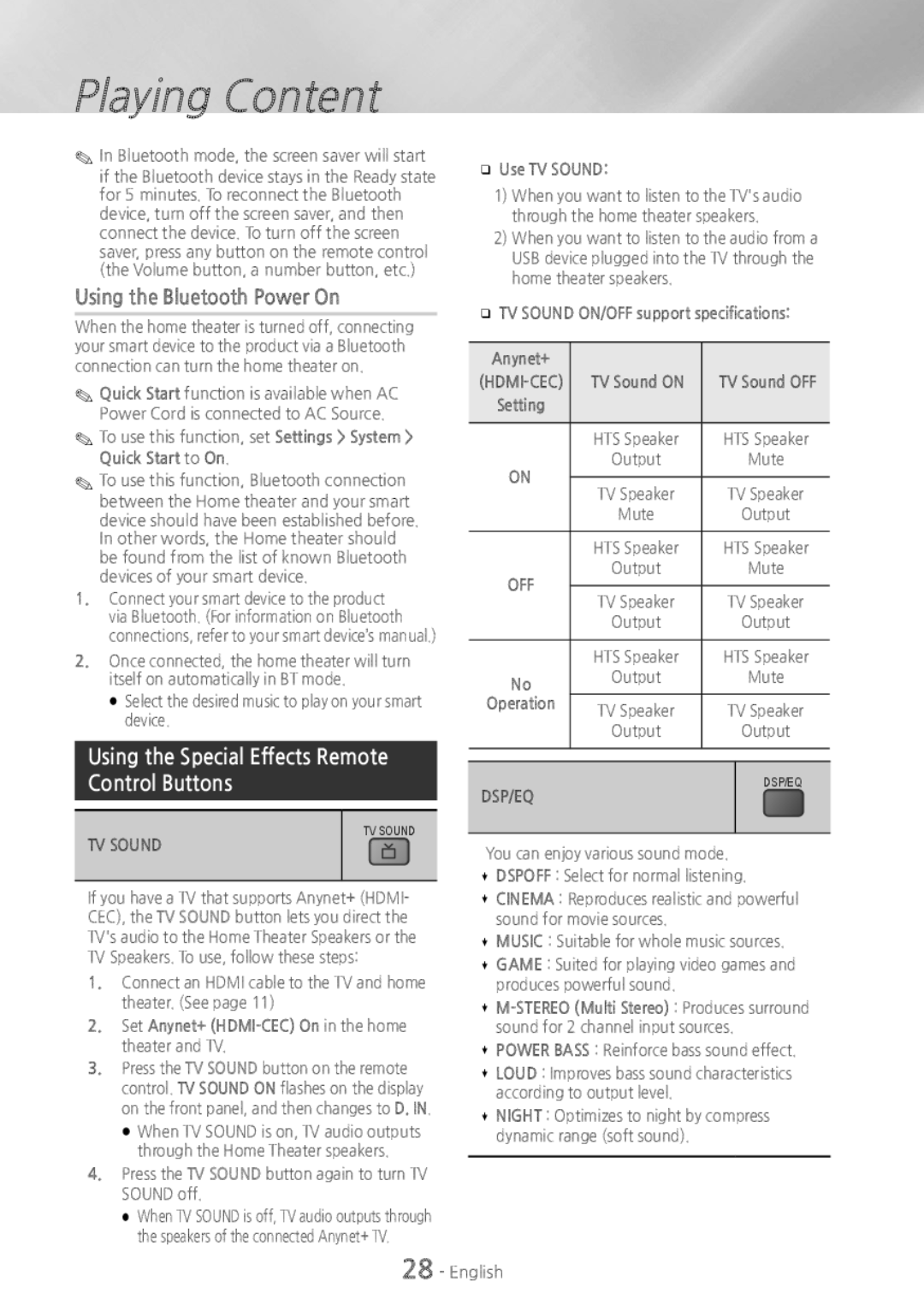 Samsung HT-H4500 user manual Using the Bluetooth Power On, Using the Special Effects Remote Control Buttons 