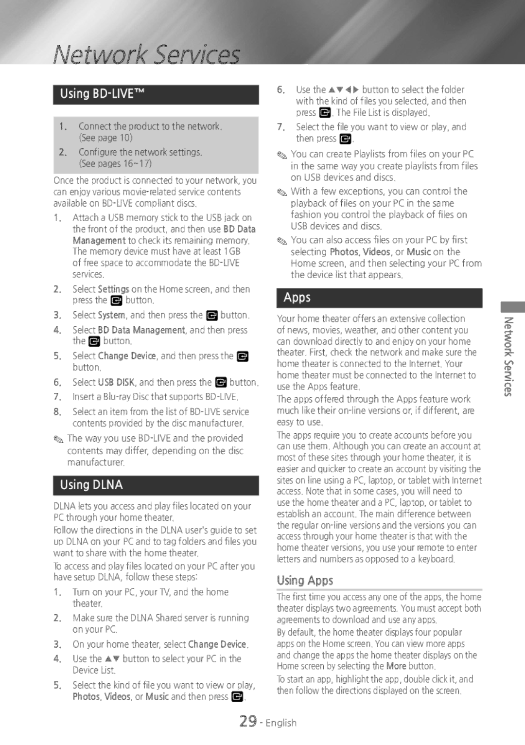 Samsung HT-H4500 user manual Network Services, Using BD-LIVE, Using Dlna, Using Apps 