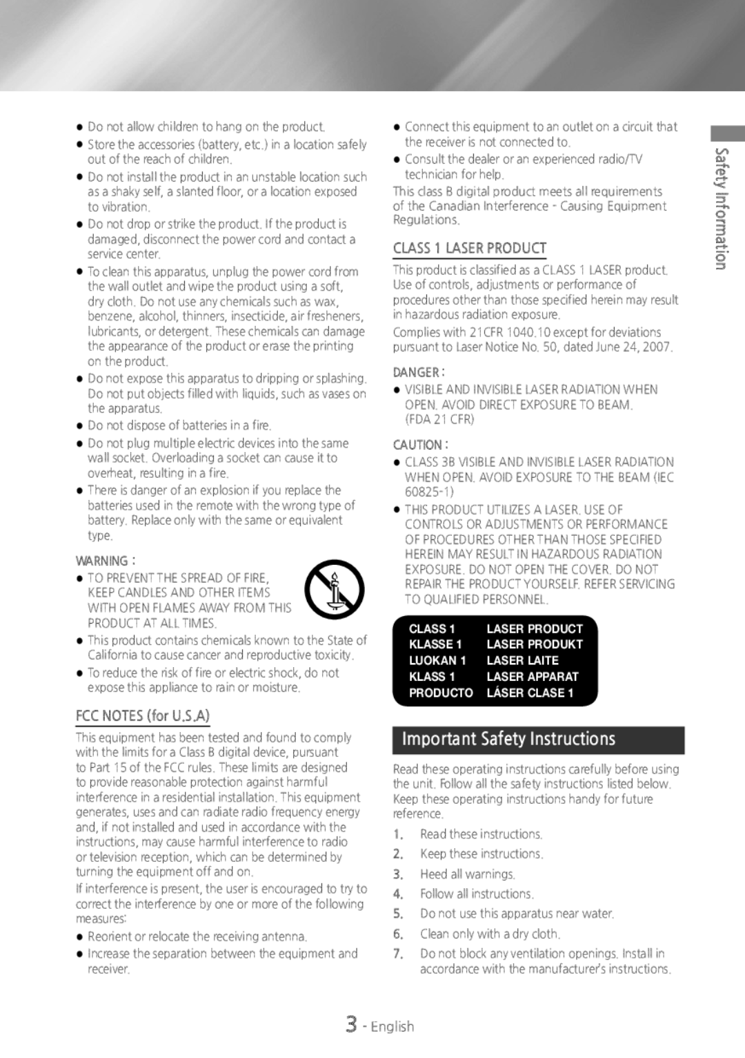 Samsung HT-H4500 user manual Important Safety Instructions, FCC Notes for U.S.A, Class 1 Laser product, Safety Information 