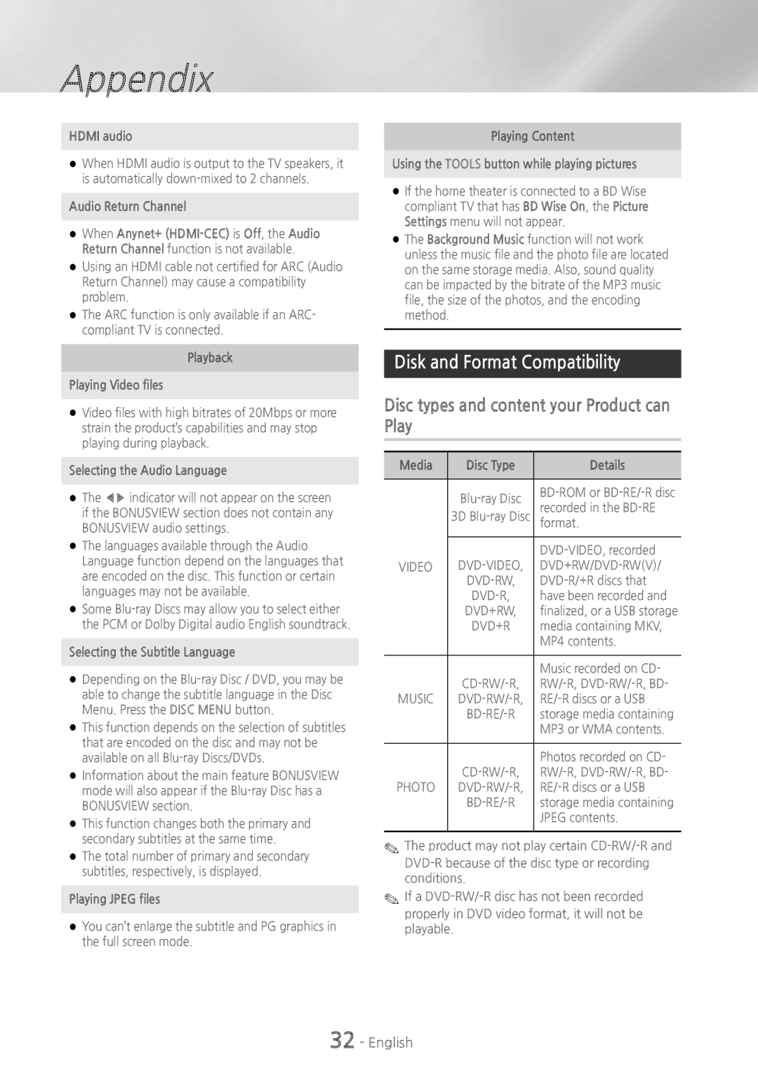 Samsung HT-H4500 user manual Disk and Format Compatibility, Disc types and content your Product can Play 