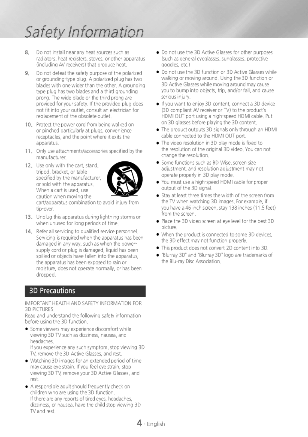 Samsung HT-H4500 user manual 3D Precautions, Important Health and Safety Information for 3D Pictures 