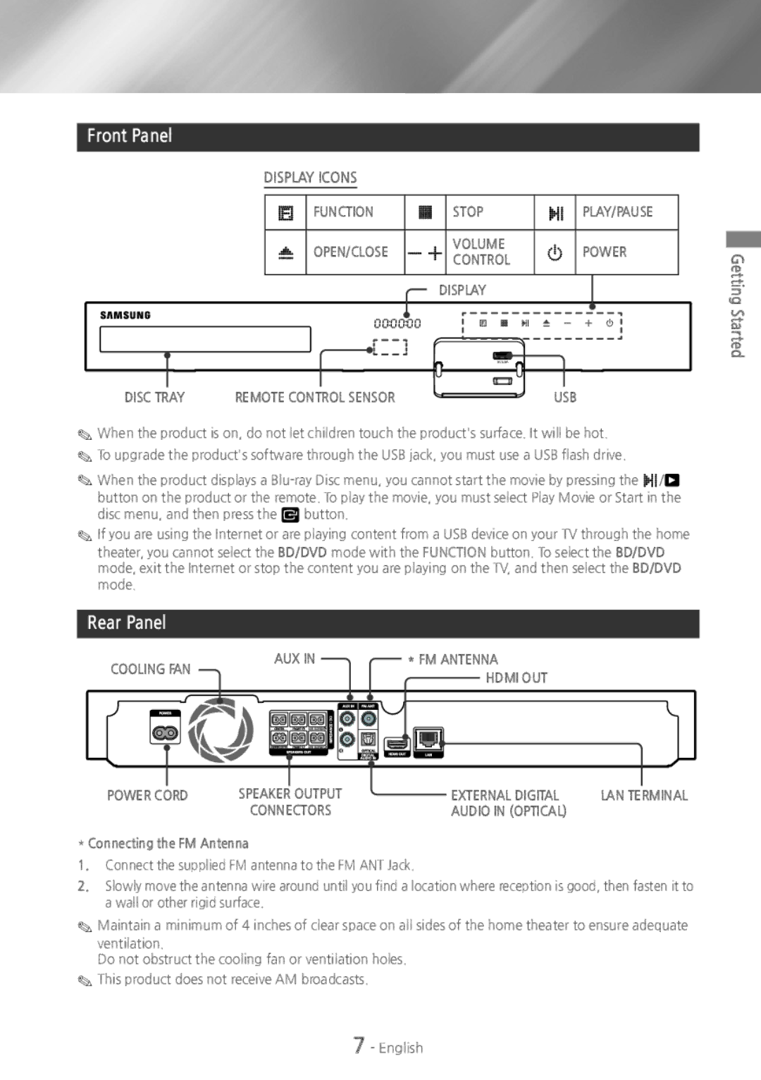 Samsung HT-H4500 user manual Front Panel, Rear Panel, Connecting the FM Antenna 